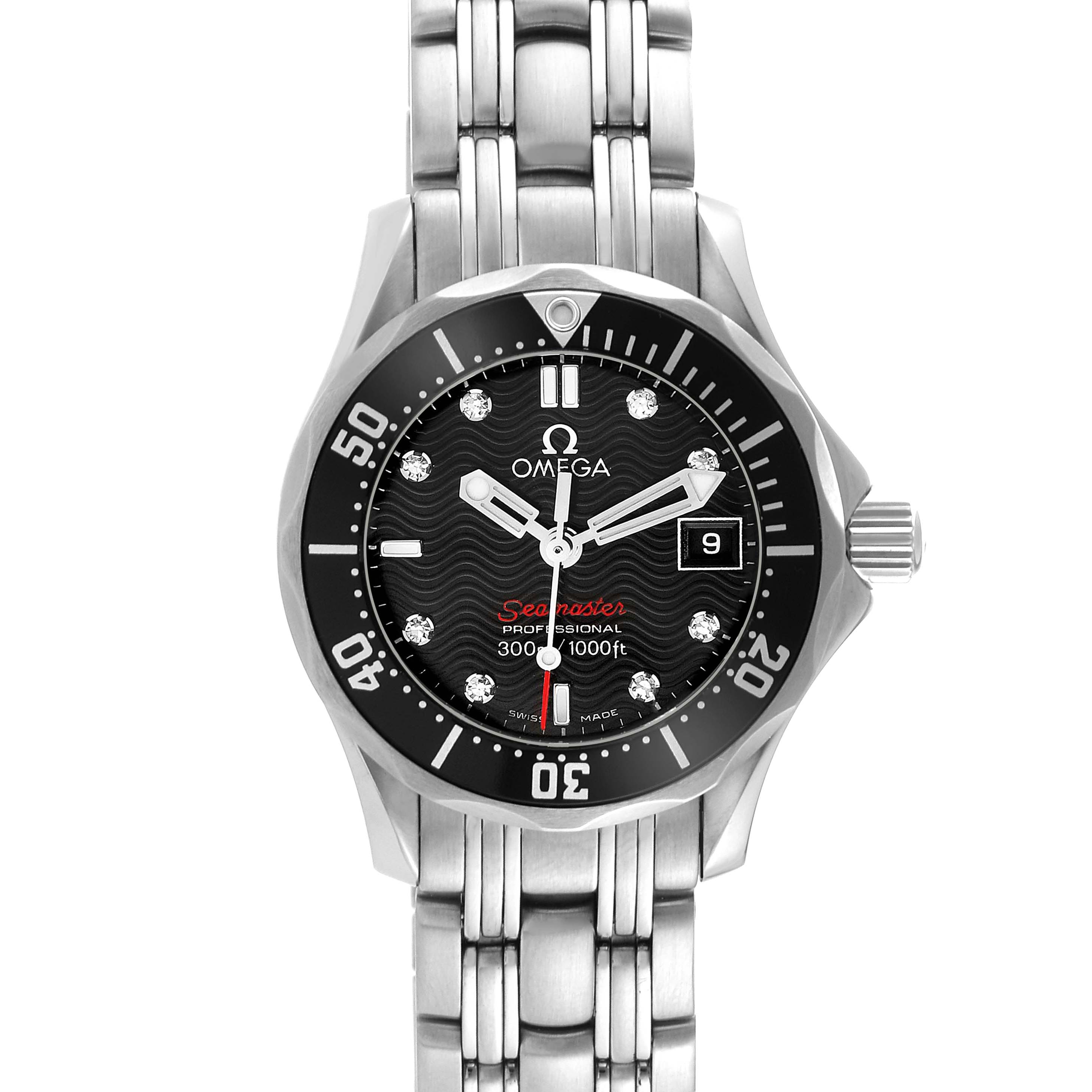 The image shows a front view of the Omega 212.30.28.61.51.001 Women's Stainless Steel Black Dial 212.30.28.61.51.001 Women's Stainless Steel Black Dial Seamaster Diamond Ladies Watch 212.30.28.61.51.001, highlighting its dial and bracelet.