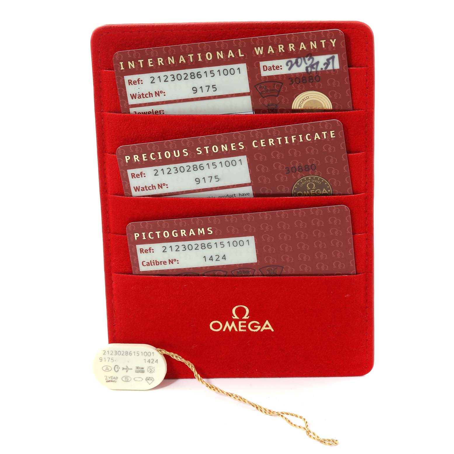 This image shows the warranty cards and certificates for the Omega 212.30.28.61.51.001 Women's Stainless Steel Black Dial 212.30.28.61.51.001 Women's Stainless Steel Black Dial Seamaster Diamond Ladies Watch model 212.30.28.61.51.001.