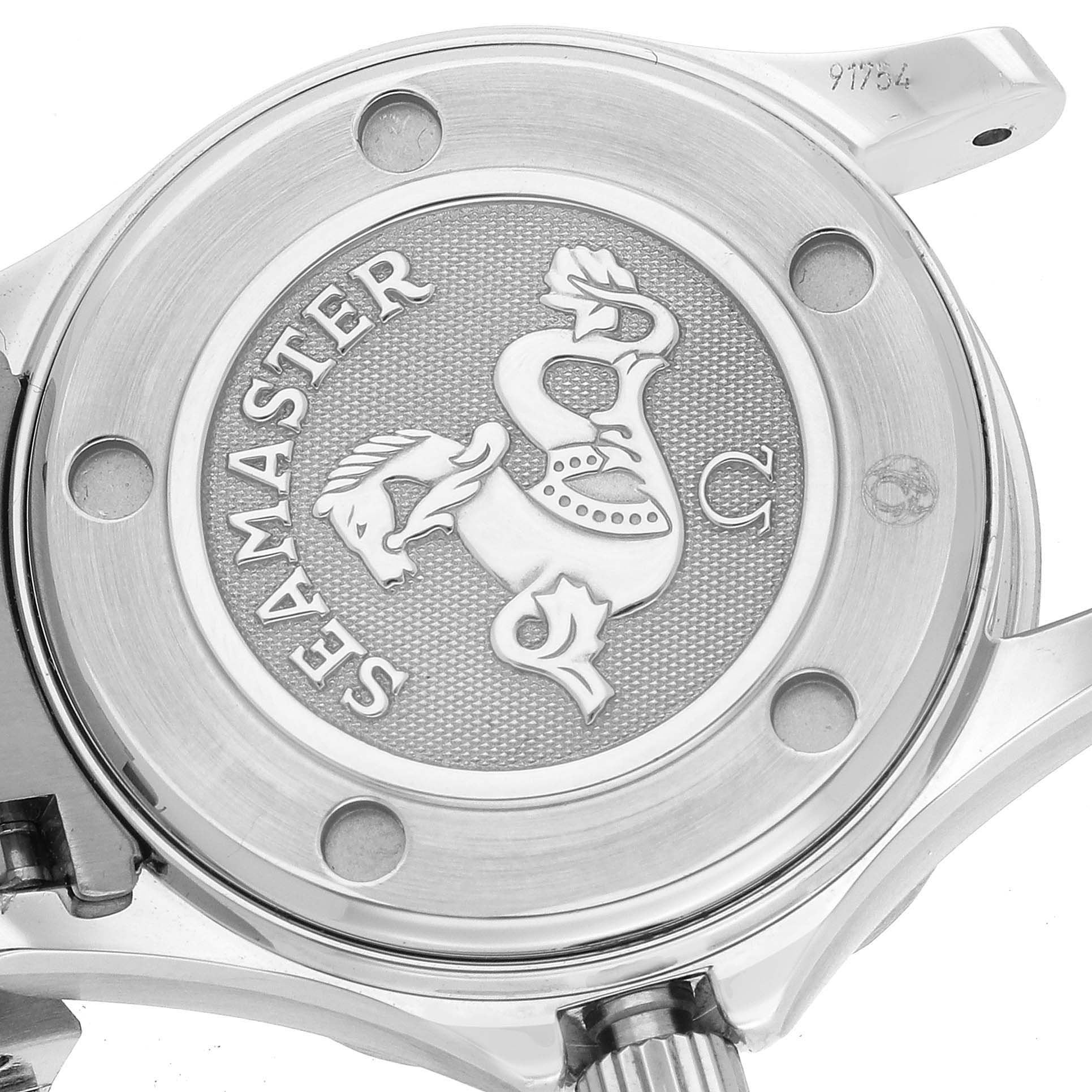 This image shows a close-up of the case back of the Omega 212.30.28.61.51.001 Women's Stainless Steel Black Dial 212.30.28.61.51.001 Women's Stainless Steel Black Dial Seamaster Diamond Ladies Watch 212.30.28.61.51.001.