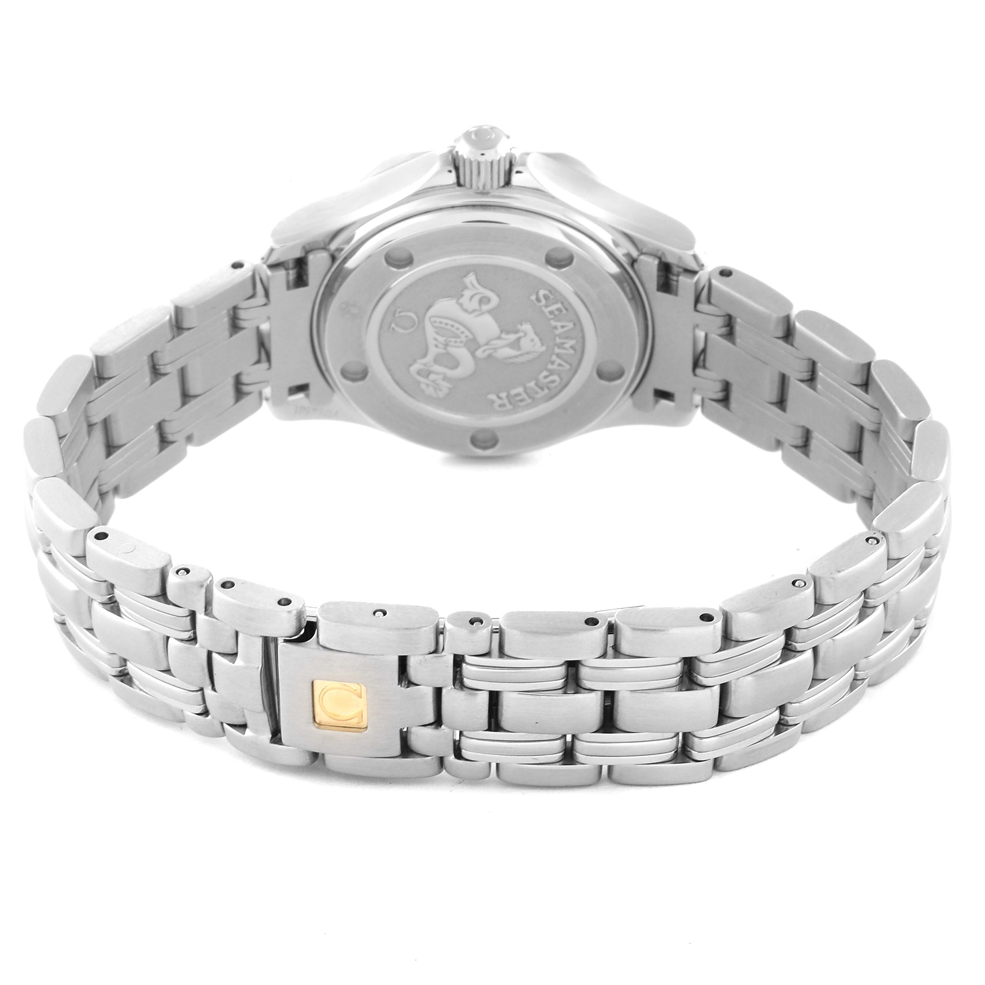 The image shows the back view of the Omega 212.30.28.61.51.001 Women's Stainless Steel Black Dial 212.30.28.61.51.001 Women's Stainless Steel Black Dial Seamaster Diamond Ladies Watch 212.30.28.61.51.001, highlighting the case back and bracelet.