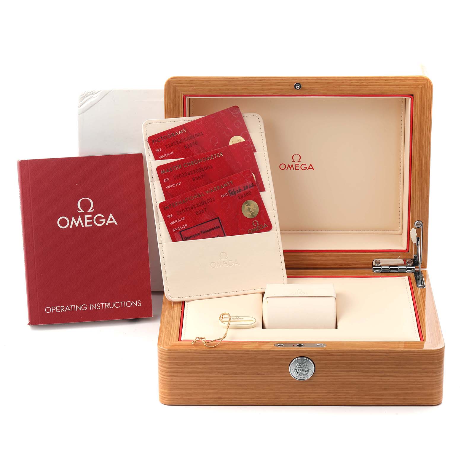 The image shows an Omega Seamaster 210.22.42.20.01.001 Men
s Steel and Gold (two tone) Black Dial 210.22.42.20.01.001 Men
s Steel and Gold (two tone) Black Dial packaging, including the wooden box, warranty cards, and an instruction booklet.