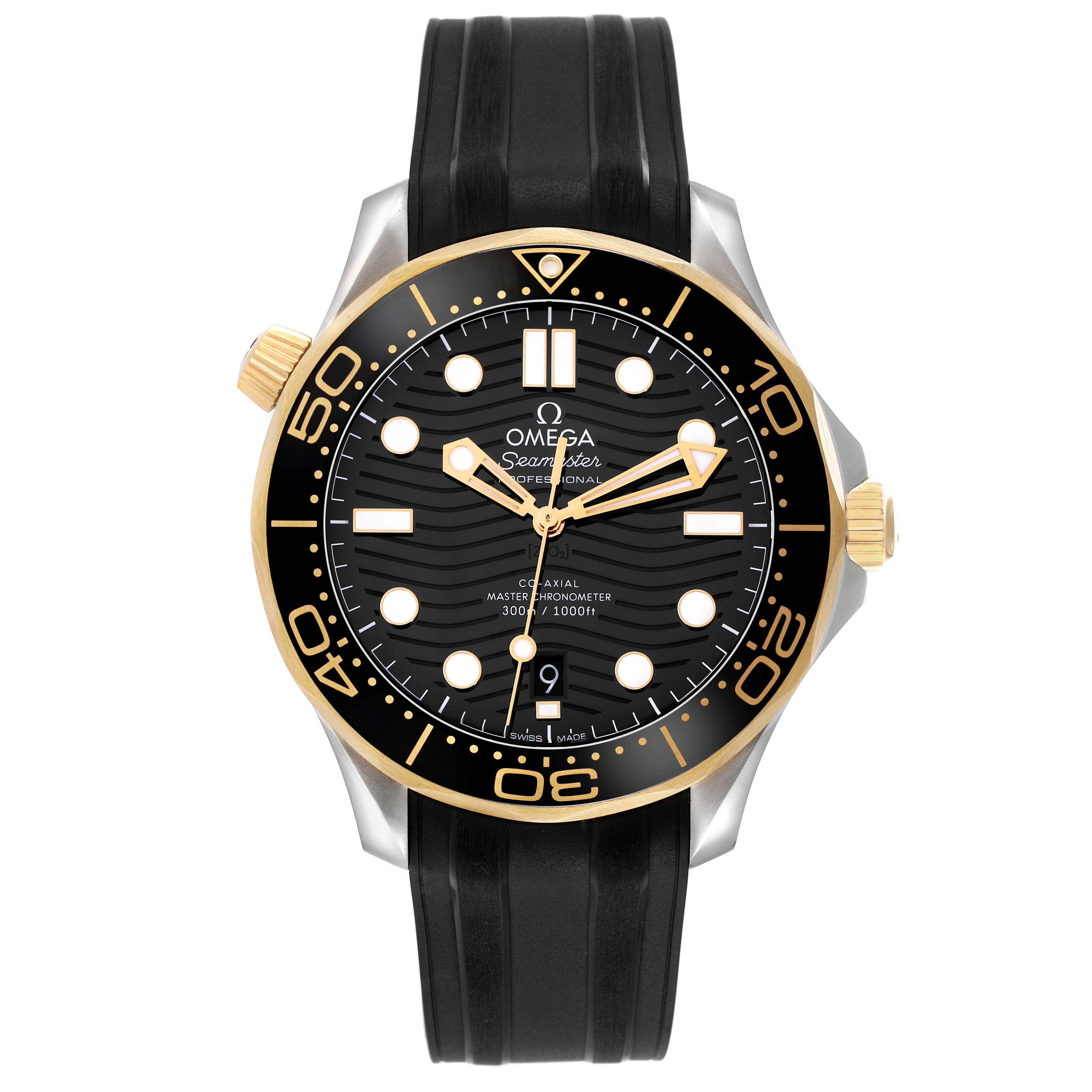 The Omega Seamaster 210.22.42.20.01.001 Men
s Steel and Gold (two tone) Black Dial 210.22.42.20.01.001 Men
s Steel and Gold (two tone) Black Dial is shown from the front, displaying its bezel, dial, hands, and rubber strap.