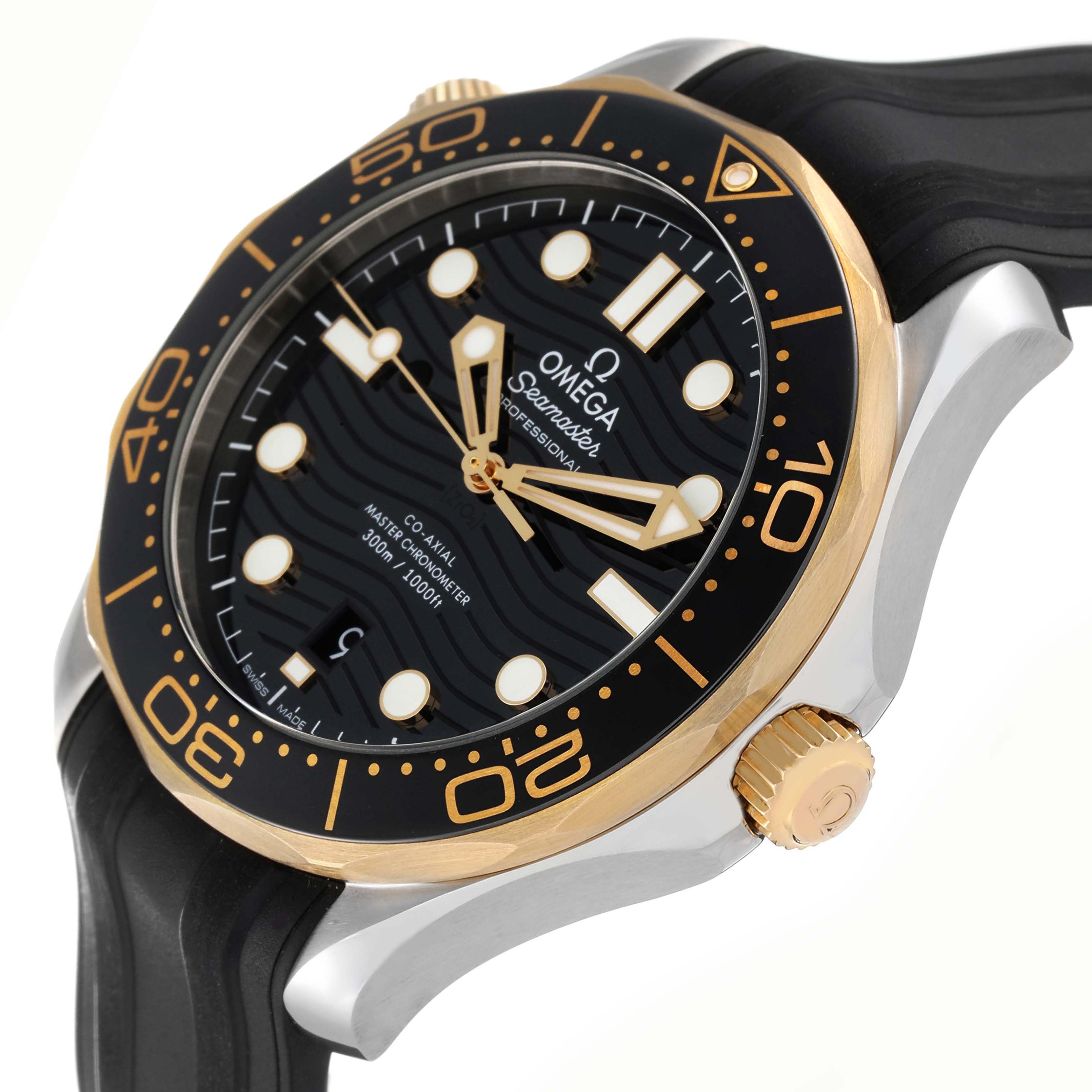 The Omega Seamaster 210.22.42.20.01.001 Men
s Steel and Gold (two tone) Black Dial 210.22.42.20.01.001 Men
s Steel and Gold (two tone) Black Dial watch is shown at a slight angle, highlighting the face, bezel, and crown.