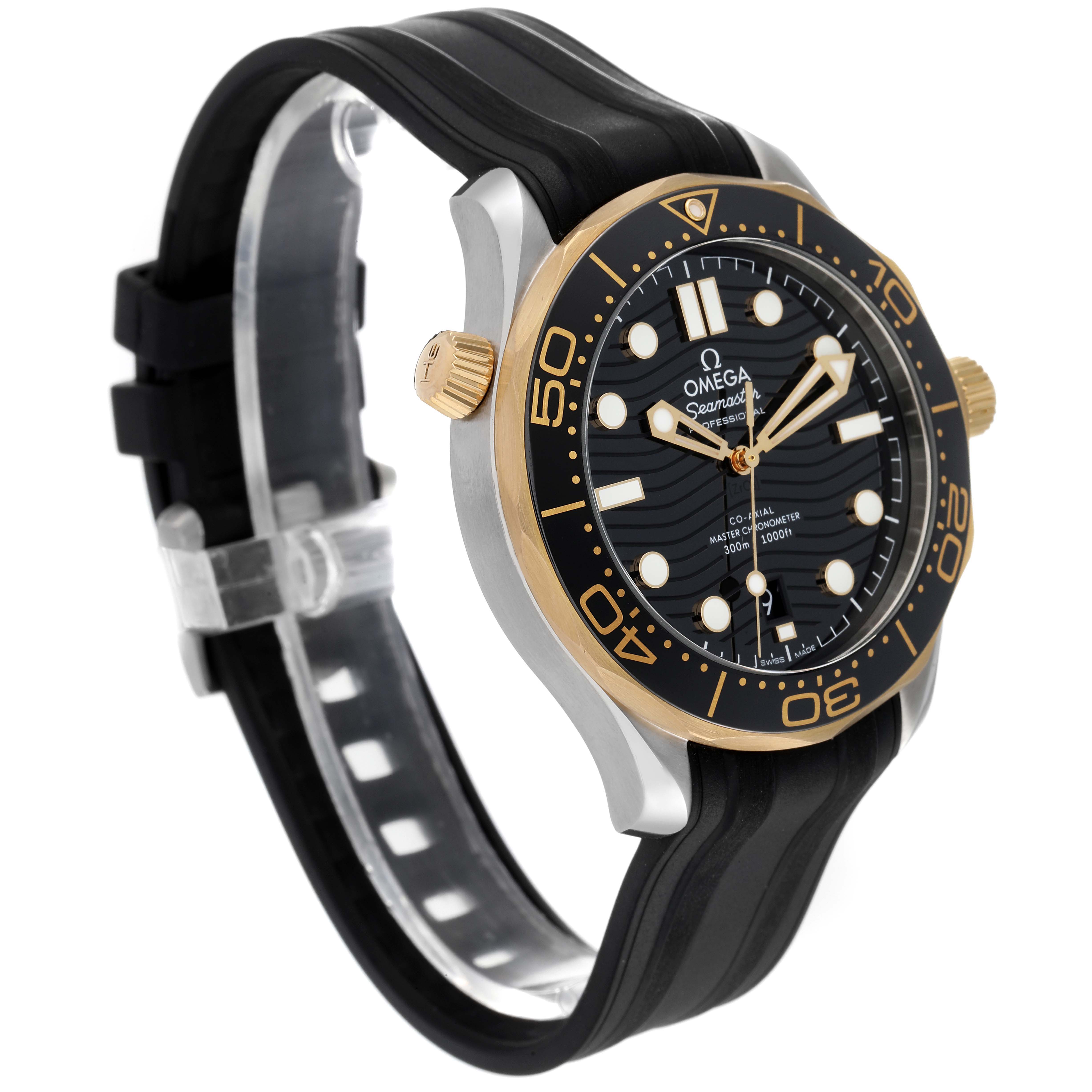 The Omega Seamaster 210.22.42.20.01.001 Men
s Steel and Gold (two tone) Black Dial 210.22.42.20.01.001 Men
s Steel and Gold (two tone) Black Dial model is shown at a three-quarter angle, highlighting the dial, bezel, hands, and strap.