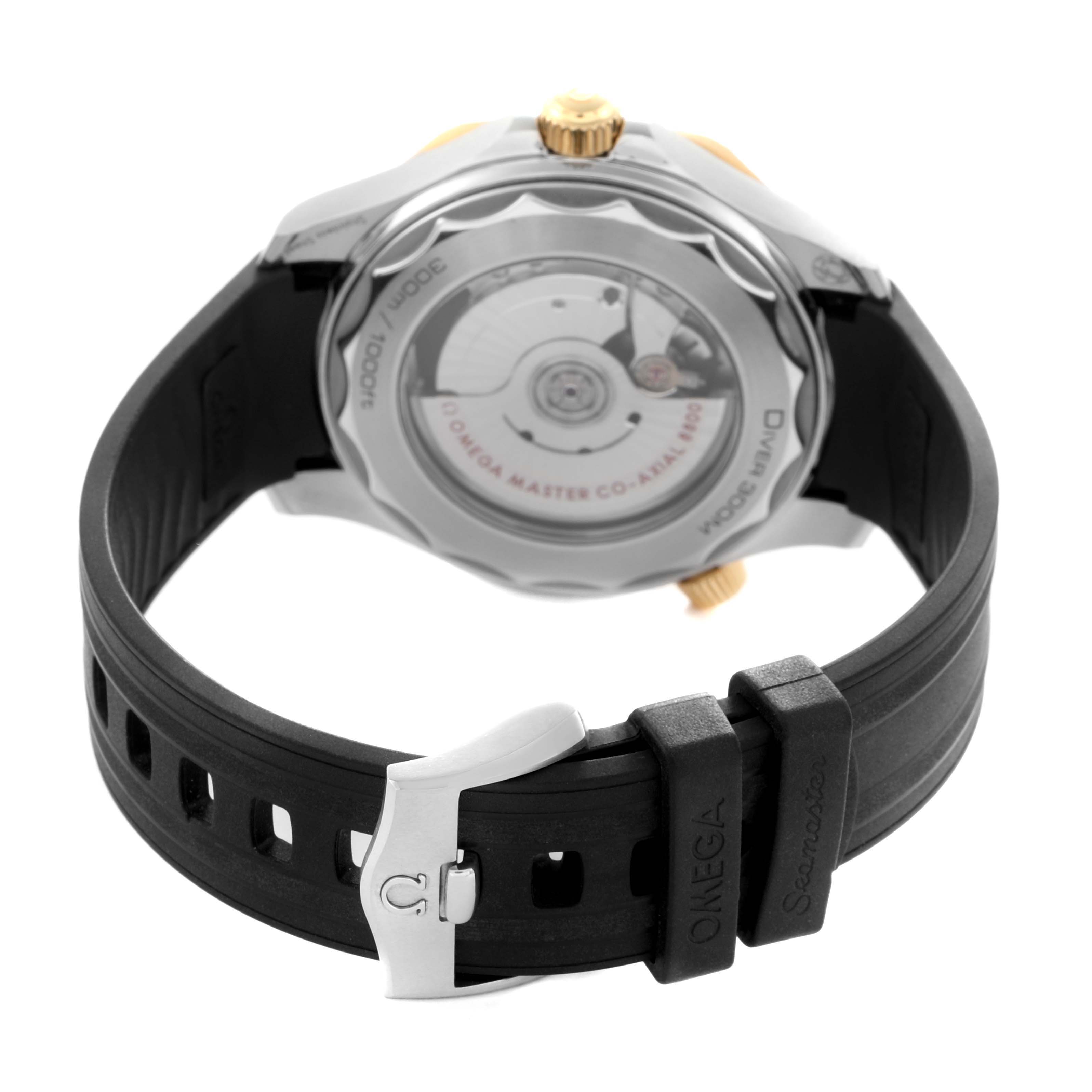 The image shows the back of the Omega Seamaster 210.22.42.20.01.001 Men
s Steel and Gold (two tone) Black Dial 210.22.42.20.01.001 Men
s Steel and Gold (two tone) Black Dial watch, highlighting its movement and black strap with branding.