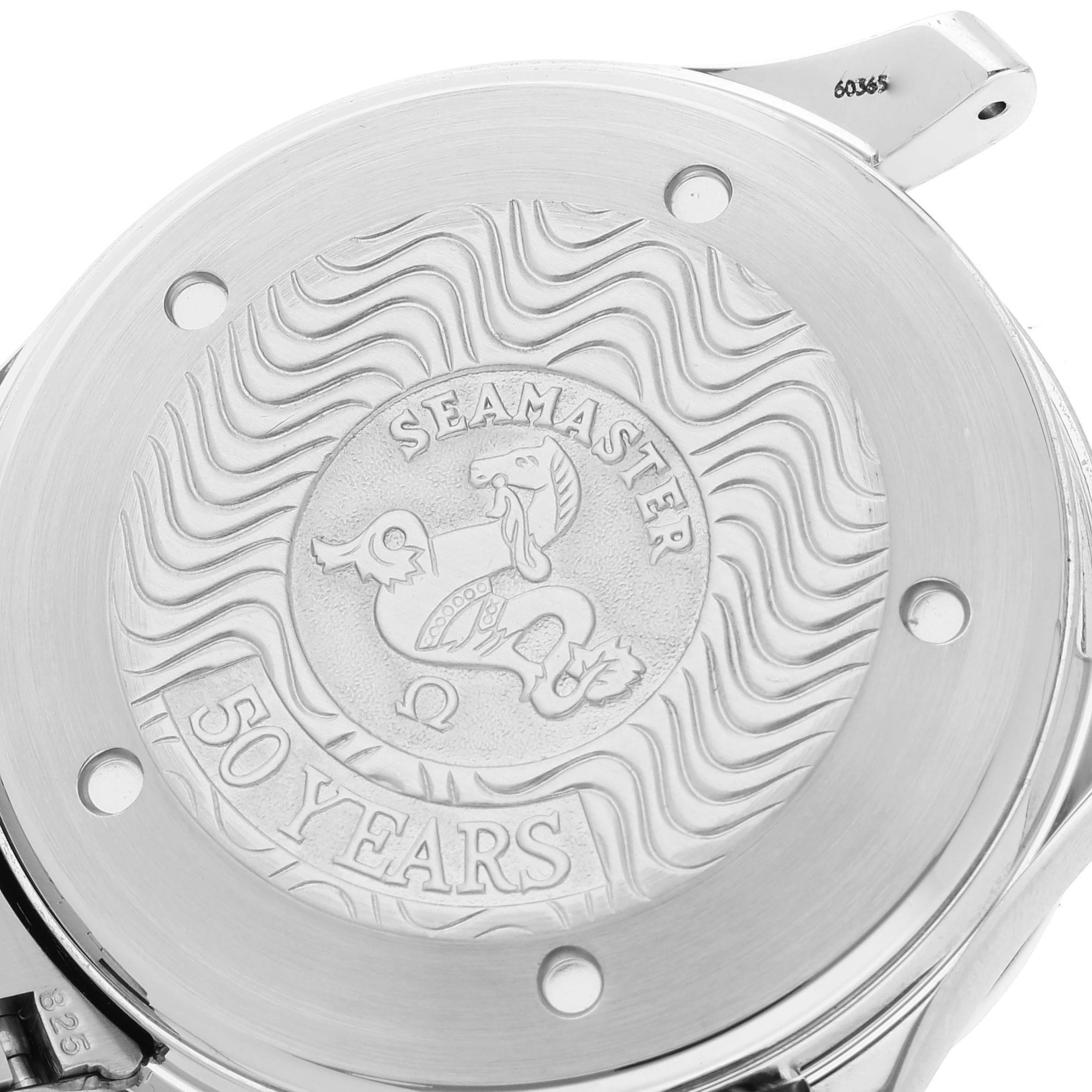 This image shows the back case of an Omega Seamaster 2534.50.00 Men's Stainless Steel Black Dial 2534.50.00 Men's Stainless Steel Black Dial watch, featuring an engraved 50 Years emblem.