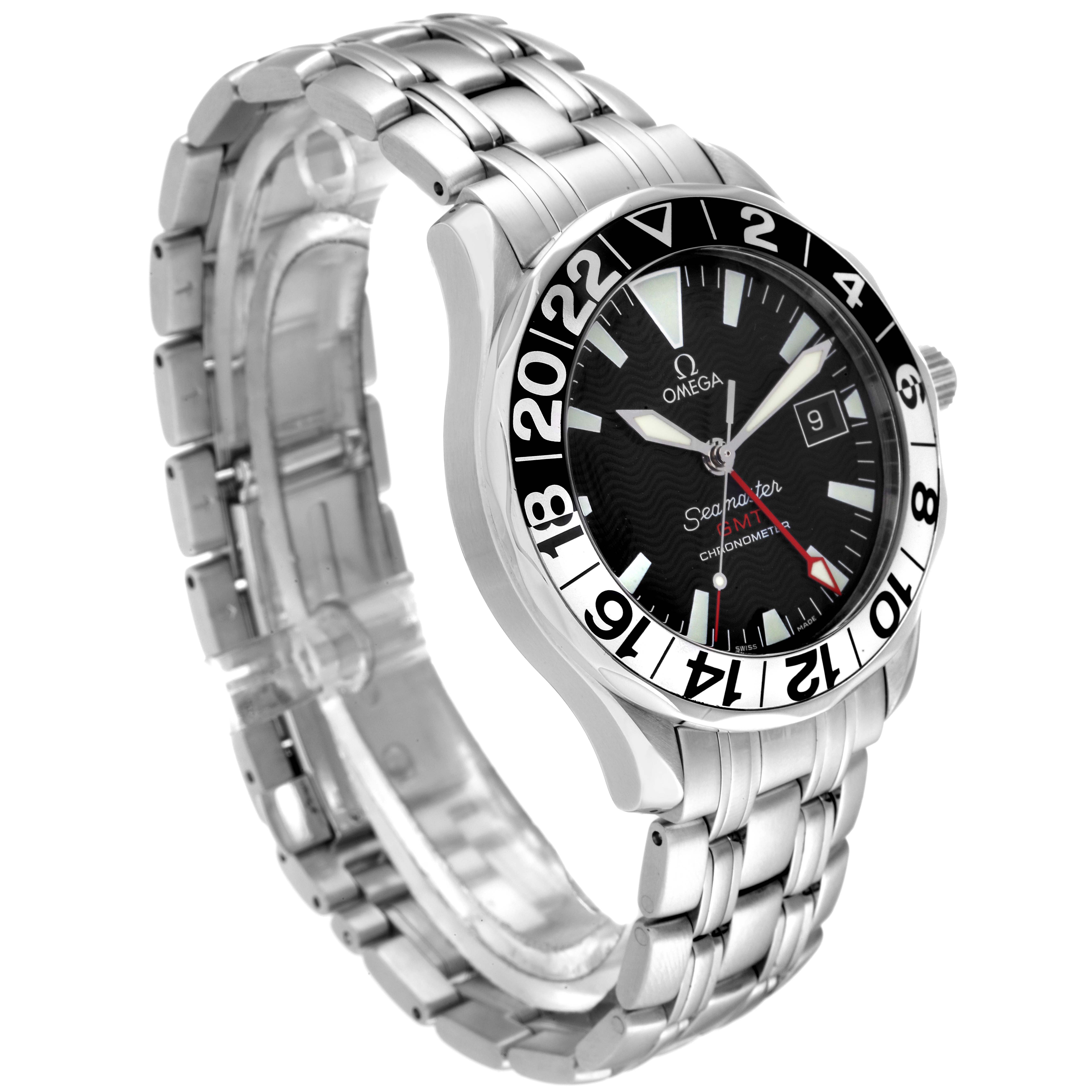 The image shows an Omega Seamaster 2534.50.00 Men's Stainless Steel Black Dial 2534.50.00 Men's Stainless Steel Black Dial watch at an angled view, highlighting the face, bezel, and stainless steel bracelet.