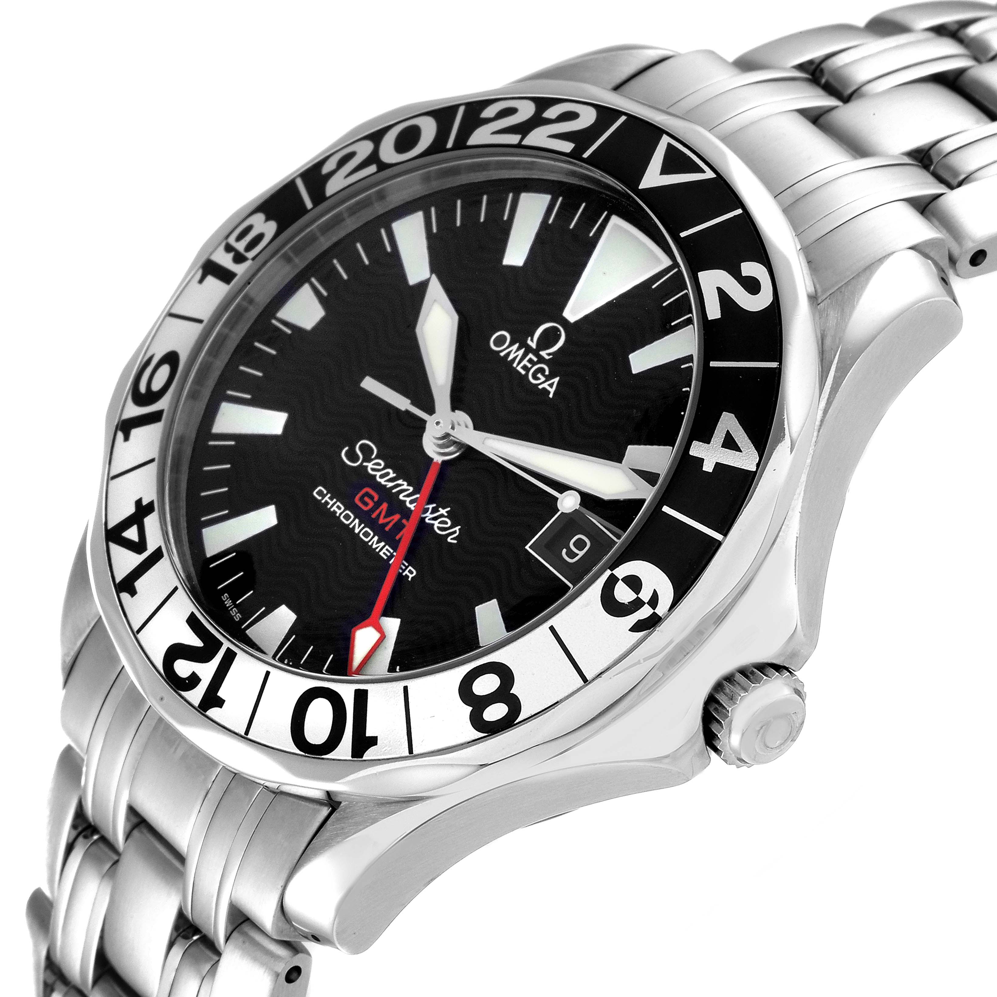 This Omega Seamaster 2534.50.00 Men's Stainless Steel Black Dial 2534.50.00 Men's Stainless Steel Black Dial watch is shown in a close-up, angled view displaying the face, bezel, crown, and part of the bracelet.