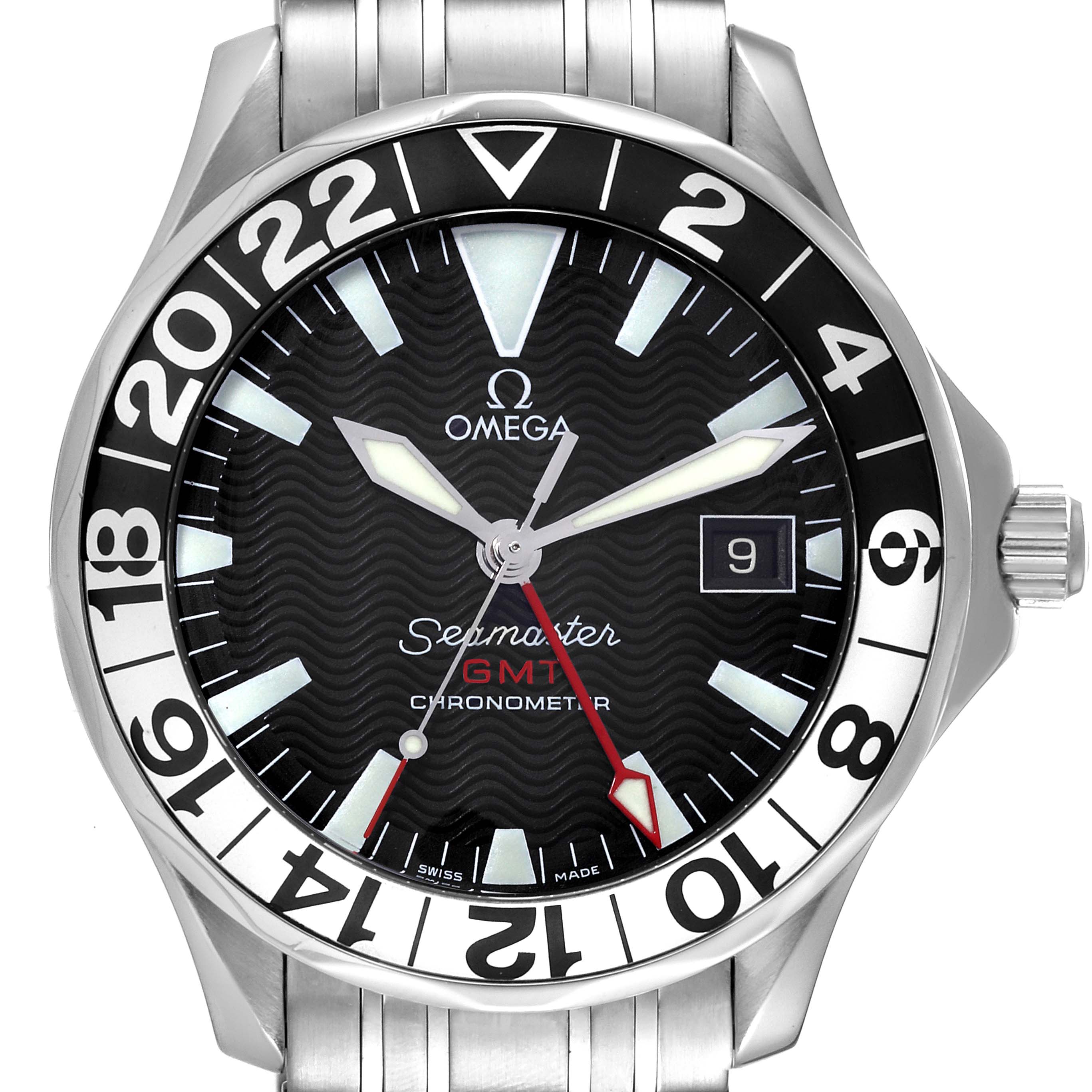 The image shows the front view of the Omega Seamaster 2534.50.00 Men's Stainless Steel Black Dial 2534.50.00 Men's Stainless Steel Black Dial GMT watch, highlighting its dial, bezel, hands, and bracelet.