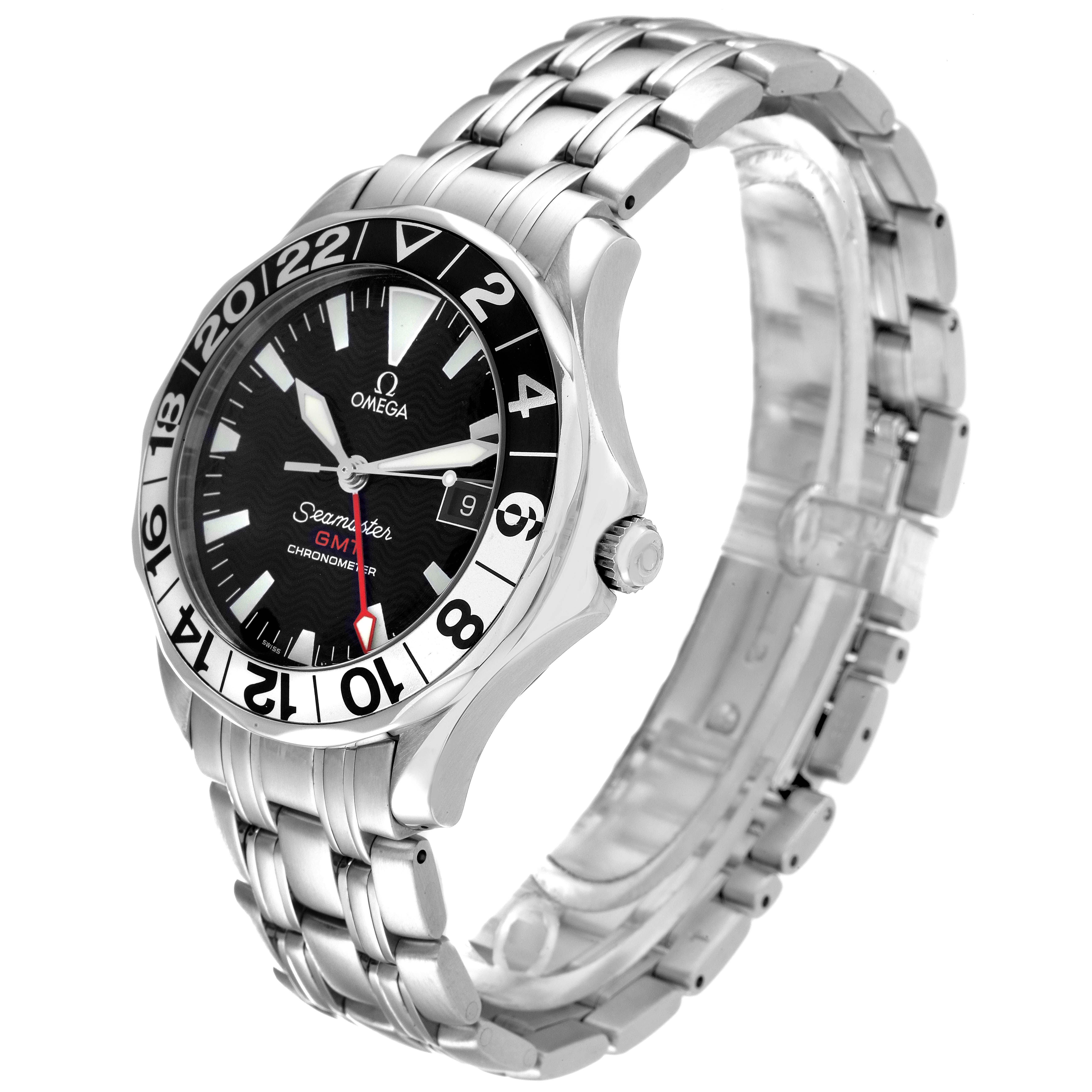 The Omega Seamaster 2534.50.00 Men's Stainless Steel Black Dial 2534.50.00 Men's Stainless Steel Black Dial watch is shown at an angled side view, displaying its face, bezel, crown, and bracelet.