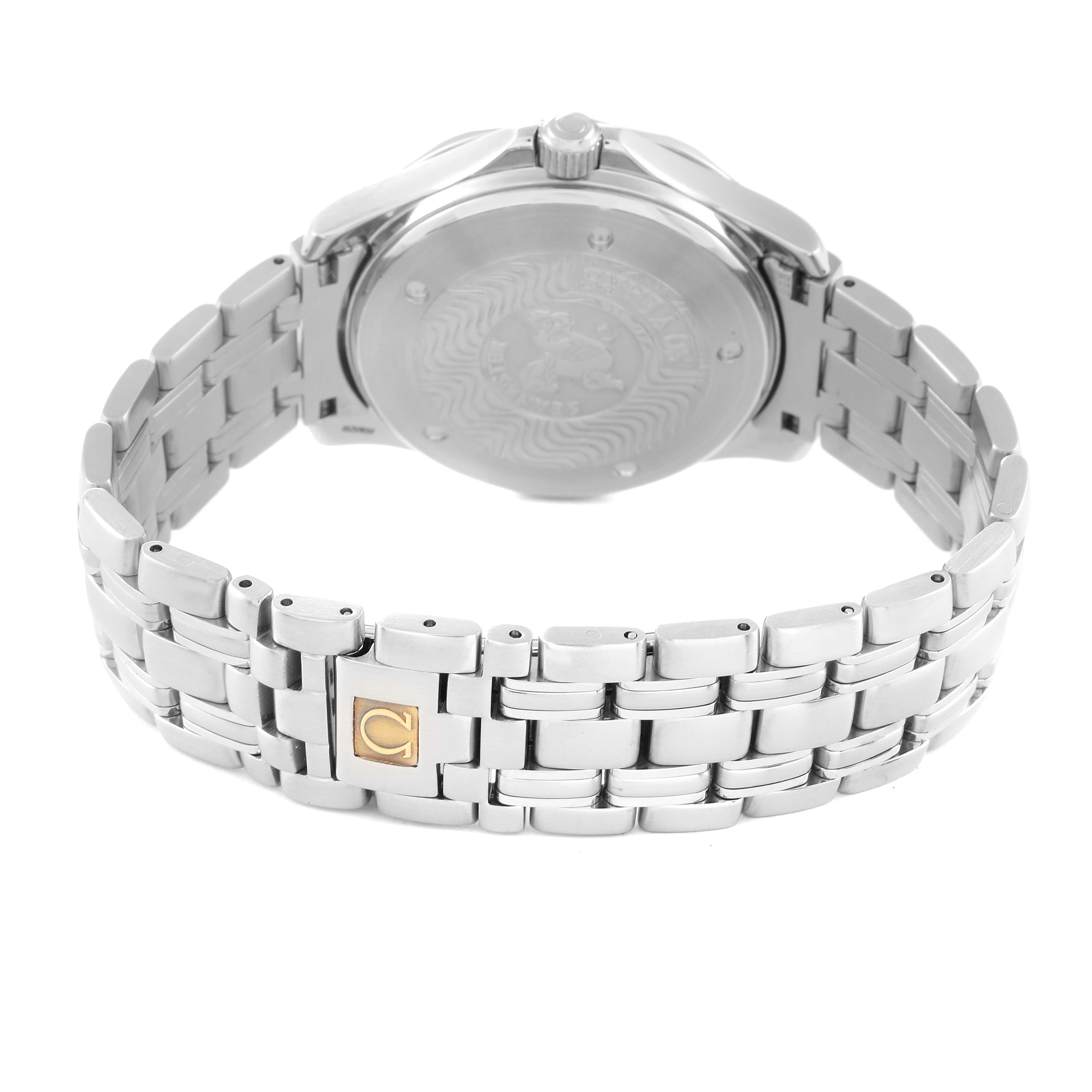 The image shows the back case and bracelet of the Omega Seamaster 2534.50.00 Men's Stainless Steel Black Dial 2534.50.00 Men's Stainless Steel Black Dial watch, highlighting the clasp with an Omega logo.