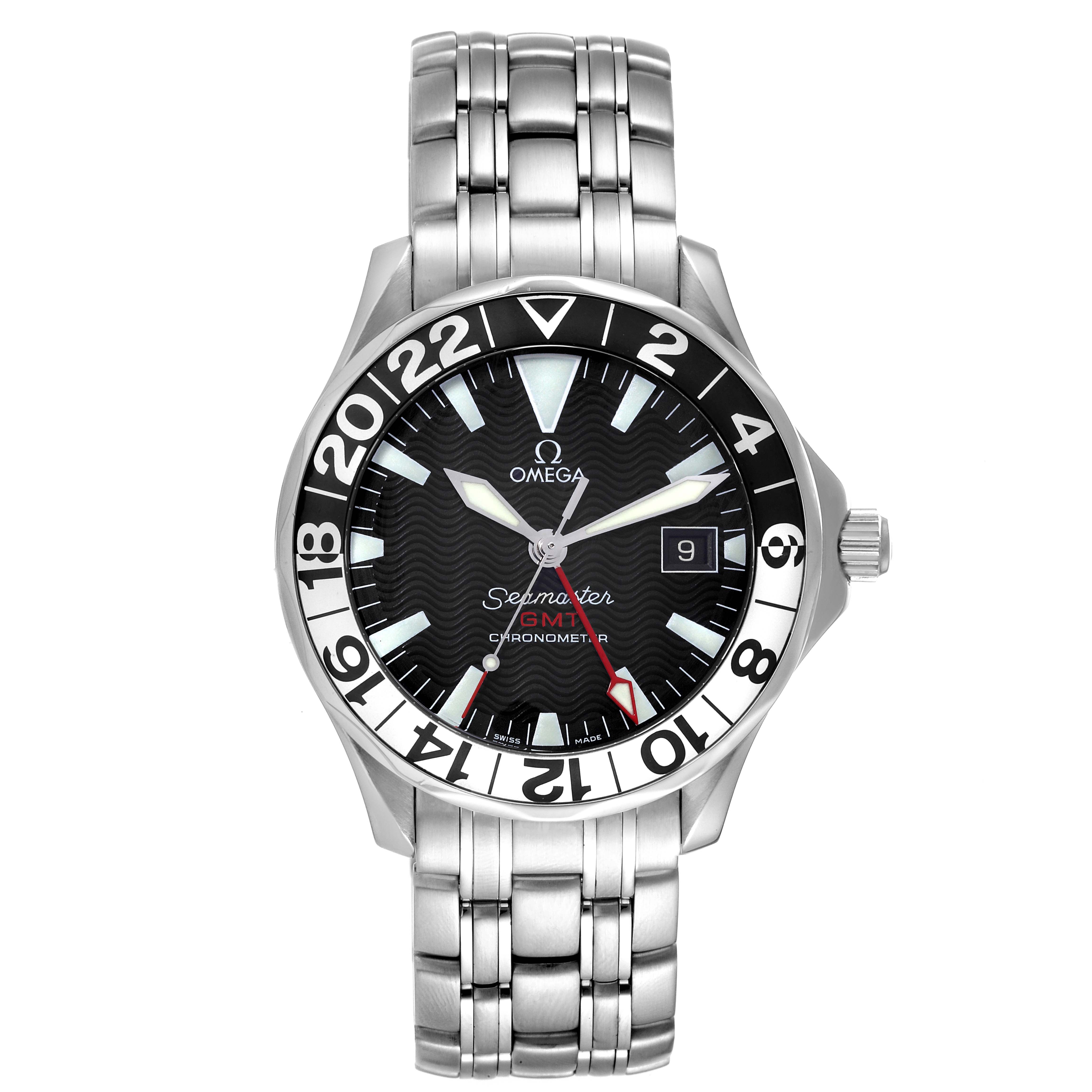 This image shows a front view of the Omega Seamaster 2534.50.00 Men's Stainless Steel Black Dial 2534.50.00 Men's Stainless Steel Black Dial watch, featuring its black dial, date window, and metal bracelet.