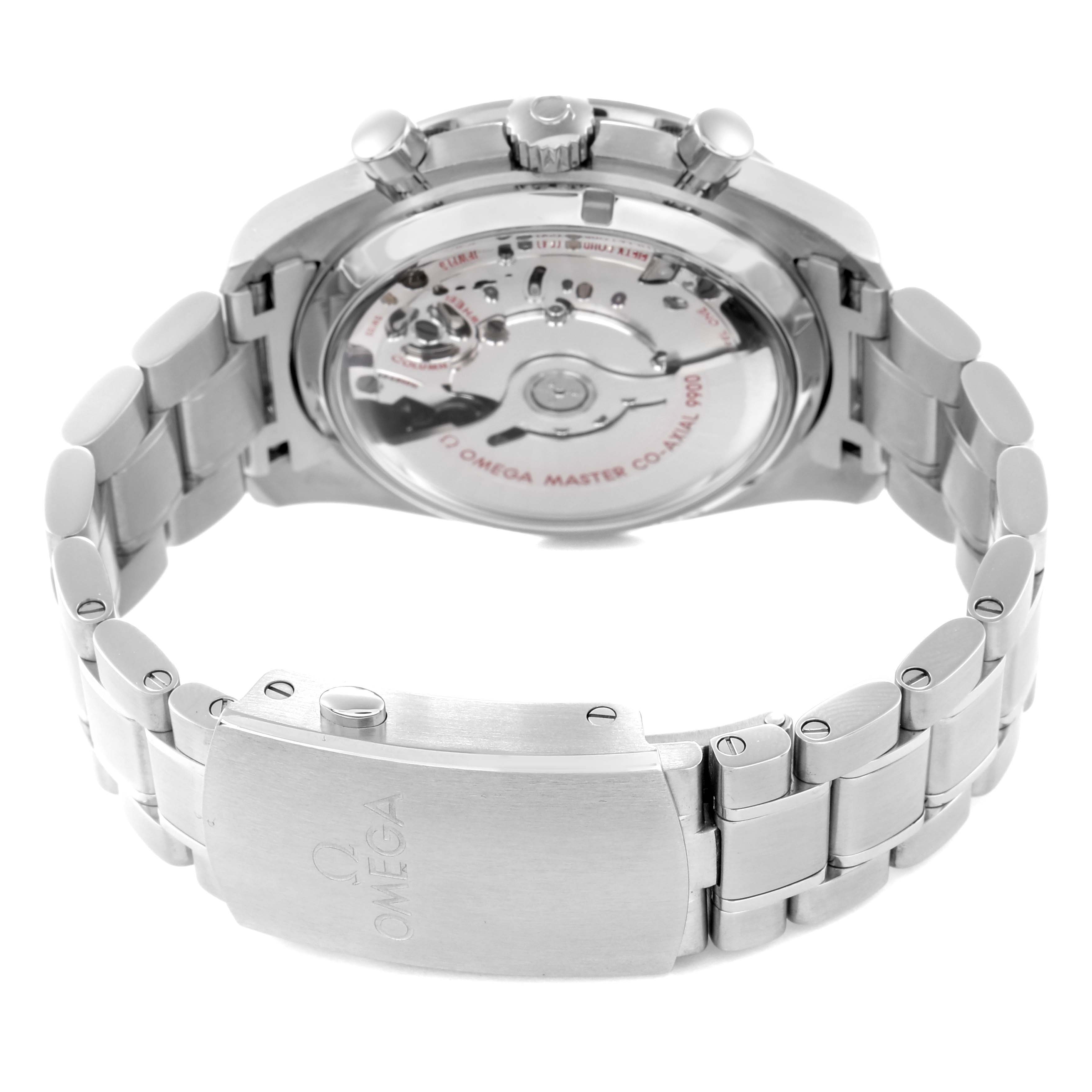 The image shows the back and clasp of an Omega Speedmaster 329.30.44.51.04.001 Men
s Stainless Steel Silver Dial 329.30.44.51.04.001 Men
s Stainless Steel Silver Dial, highlighting the transparent case back and bracelet.