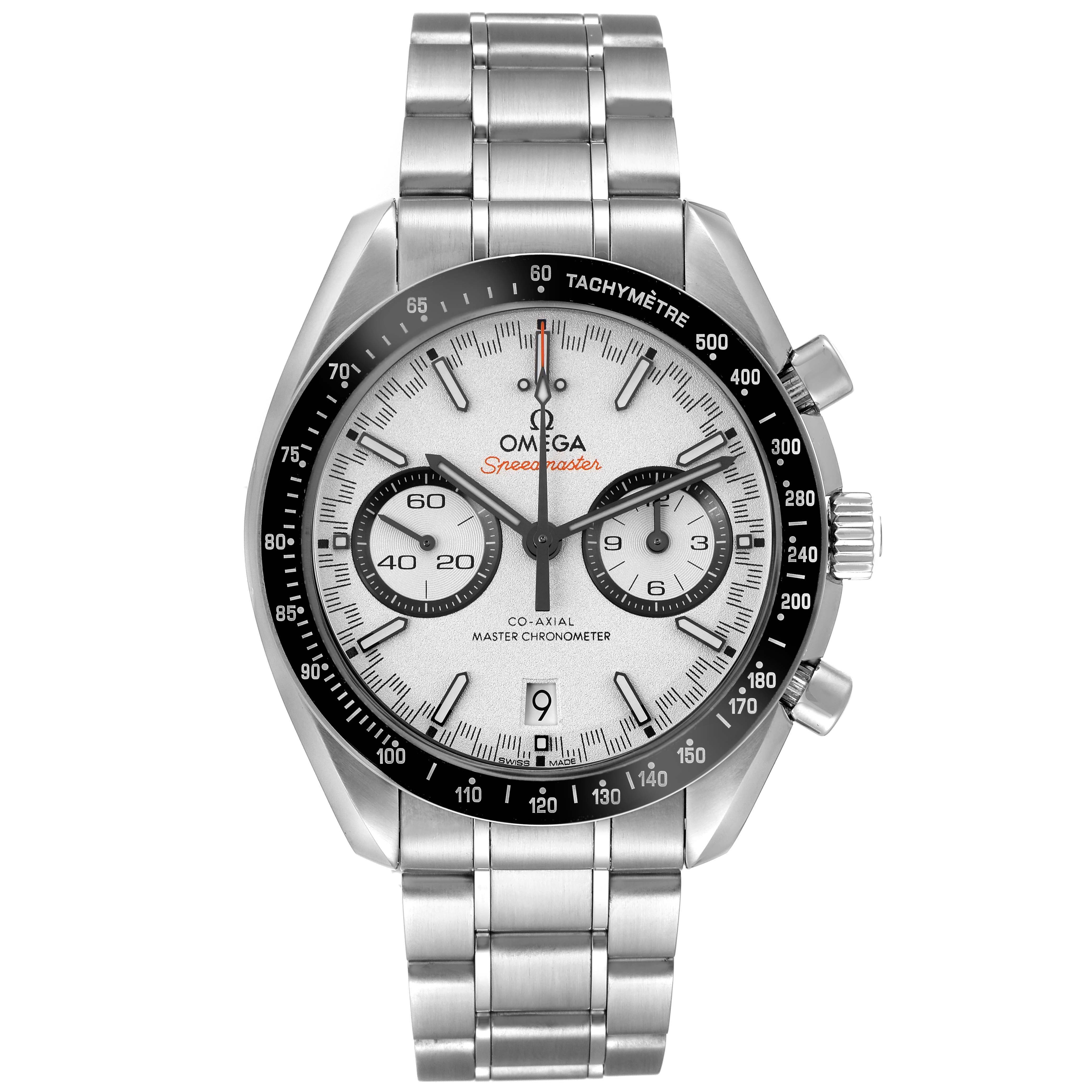 The Omega Speedmaster 329.30.44.51.04.001 Men
s Stainless Steel Silver Dial 329.30.44.51.04.001 Men
s Stainless Steel Silver Dial model is shown from the front, displaying the dial, bezel, subdials, and bracelet.