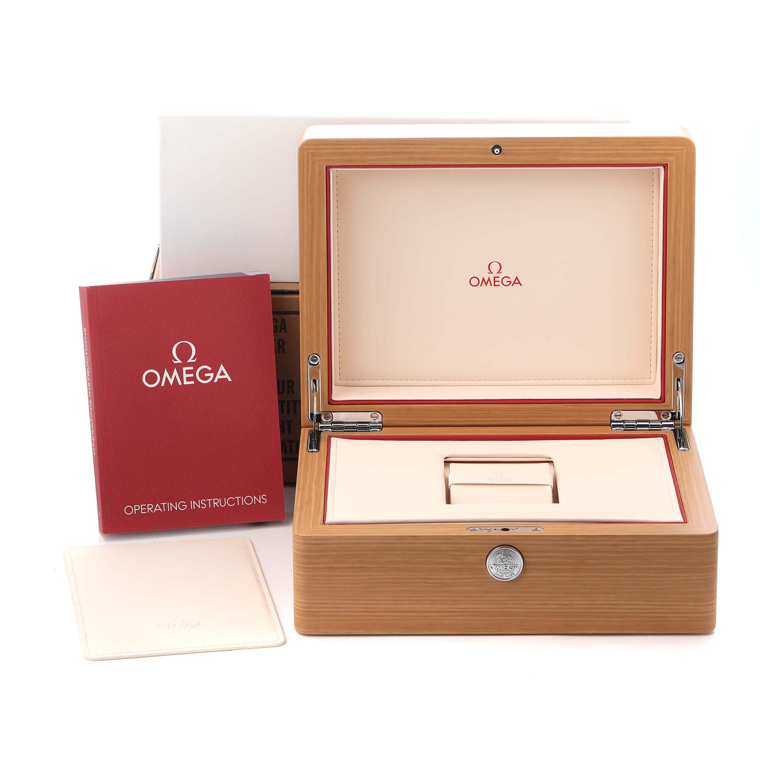 The image shows an Omega Speedmaster 329.30.44.51.04.001 Men
s Stainless Steel Silver Dial 329.30.44.51.04.001 Men
s Stainless Steel Silver Dial watch box, booklet, and card holder from a front angle.