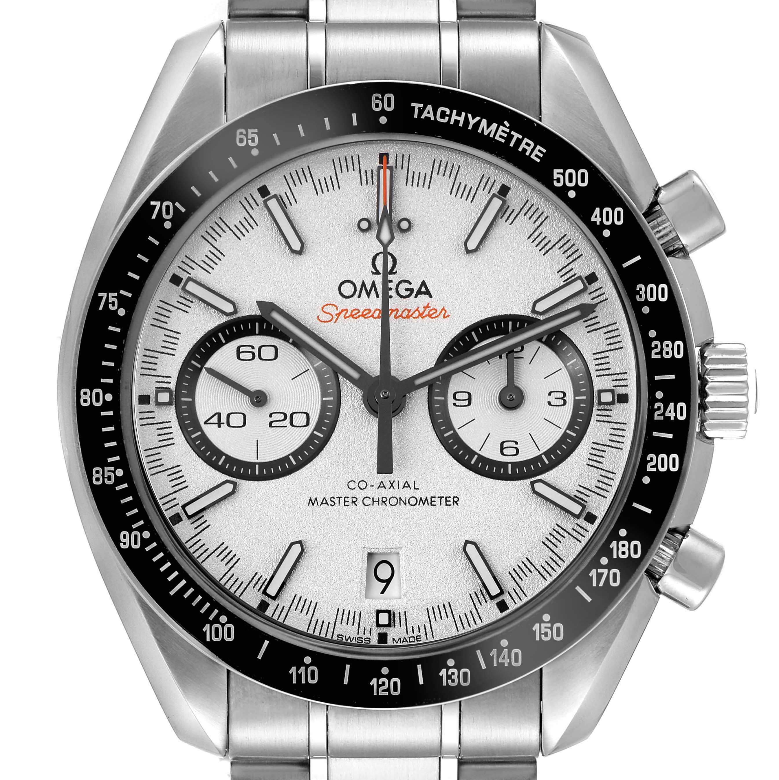 The Omega Speedmaster 329.30.44.51.04.001 Men
s Stainless Steel Silver Dial 329.30.44.51.04.001 Men
s Stainless Steel Silver Dial watch is shown from a front angle, displaying the face, bezel, and part of the stainless steel bracelet.
