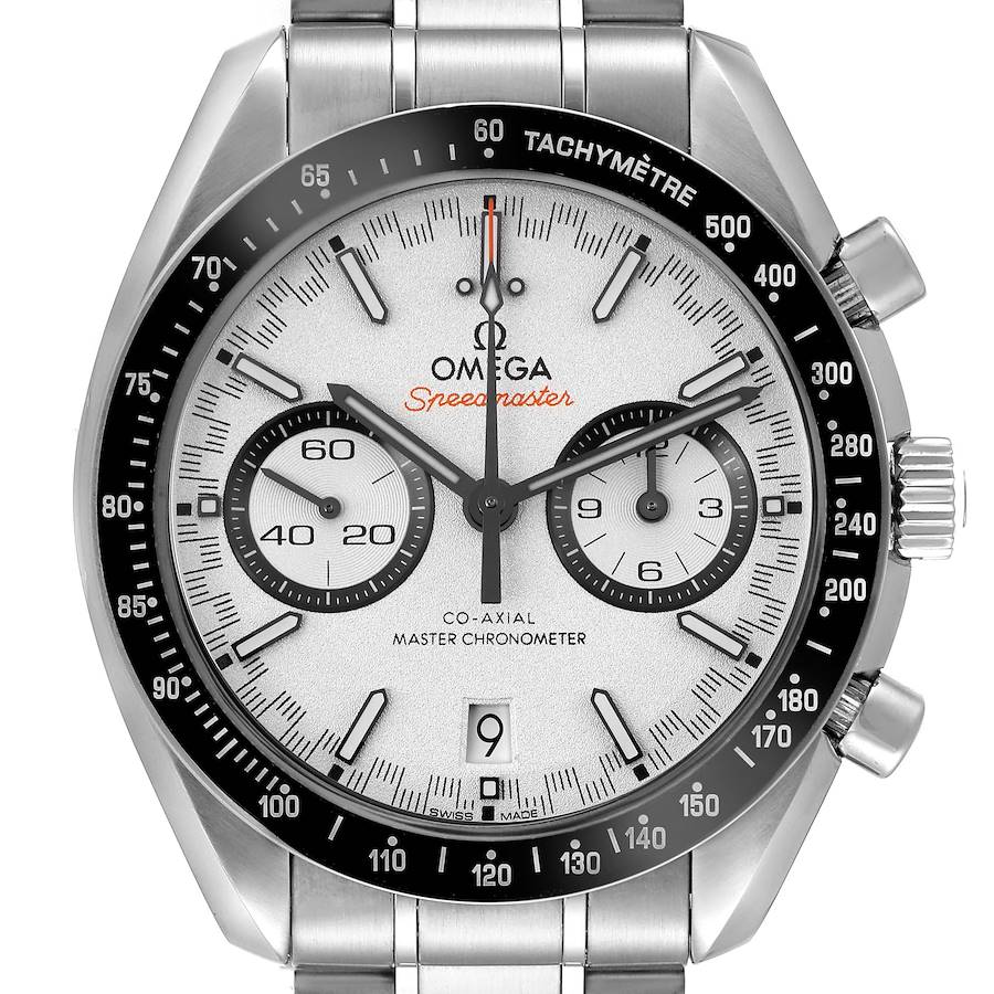 The Omega Speedmaster watch is shown from a front angle, displaying the face, bezel, and part of the stainless steel bracelet.