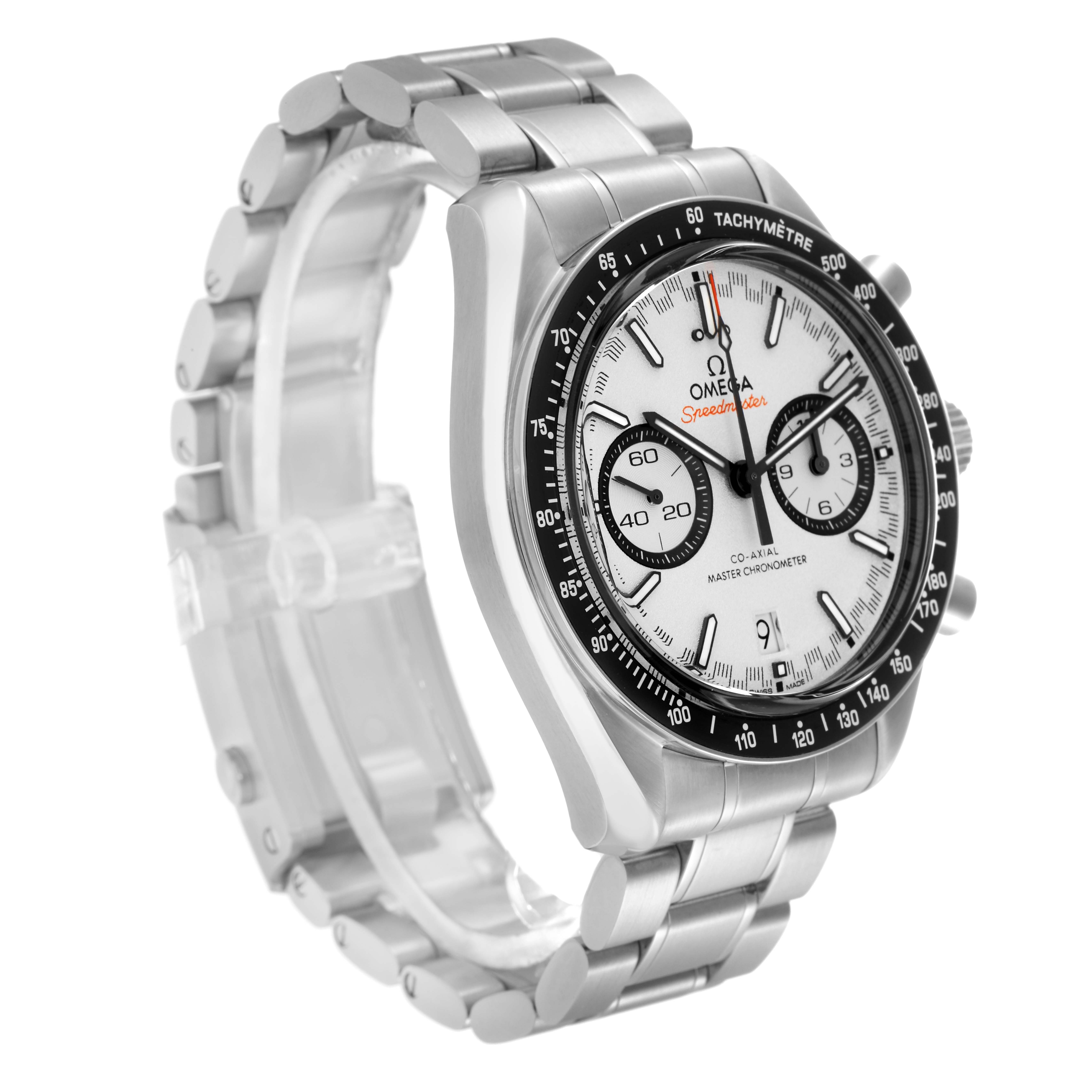 The Omega Speedmaster 329.30.44.51.04.001 Men
s Stainless Steel Silver Dial 329.30.44.51.04.001 Men
s Stainless Steel Silver Dial watch is shown at a three-quarter angle, highlighting the face, dials, and stainless steel bracelet.