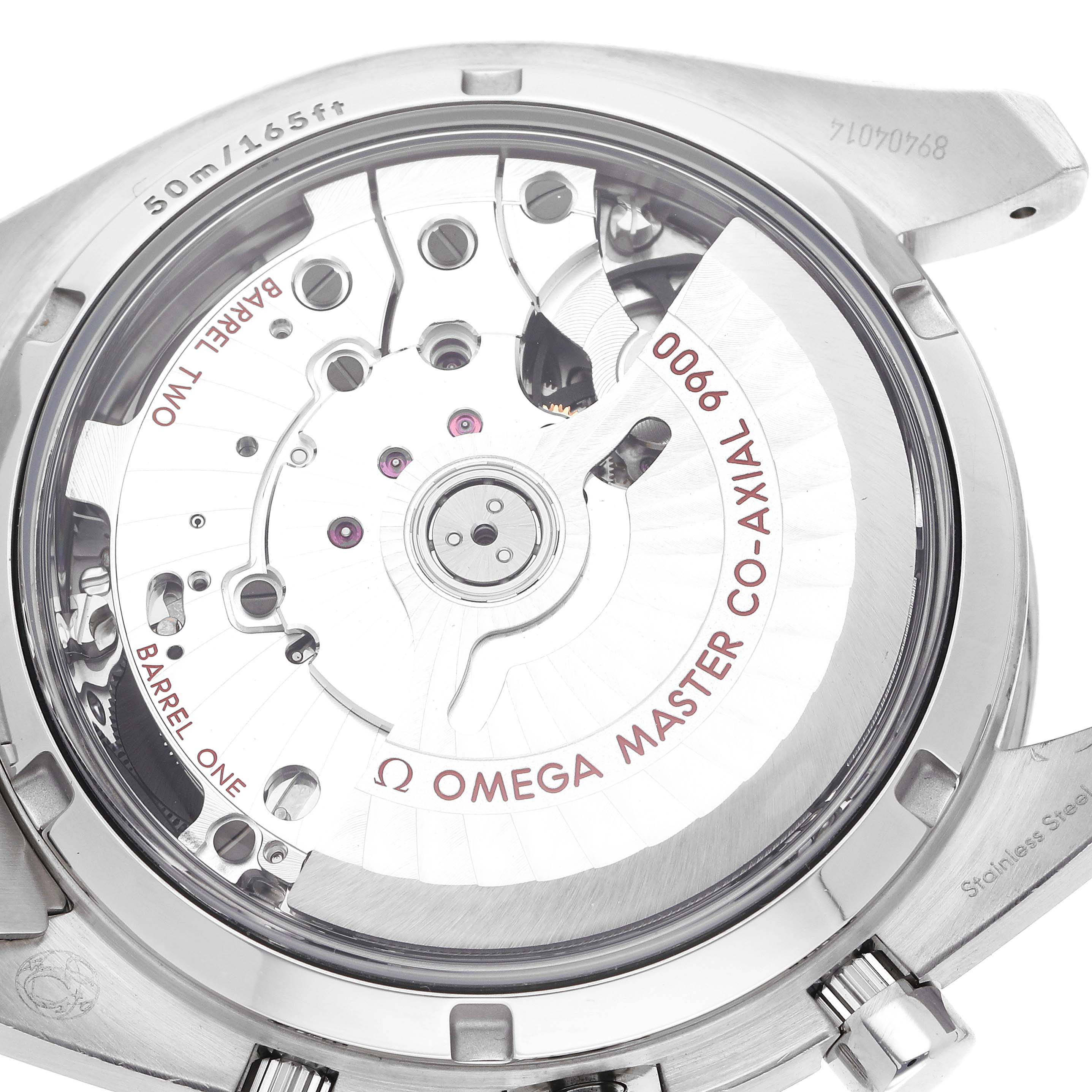 The image shows the back view of the Omega Speedmaster 329.30.44.51.04.001 Men
s Stainless Steel Silver Dial 329.30.44.51.04.001 Men
s Stainless Steel Silver Dial, highlighting its movement and rotor.