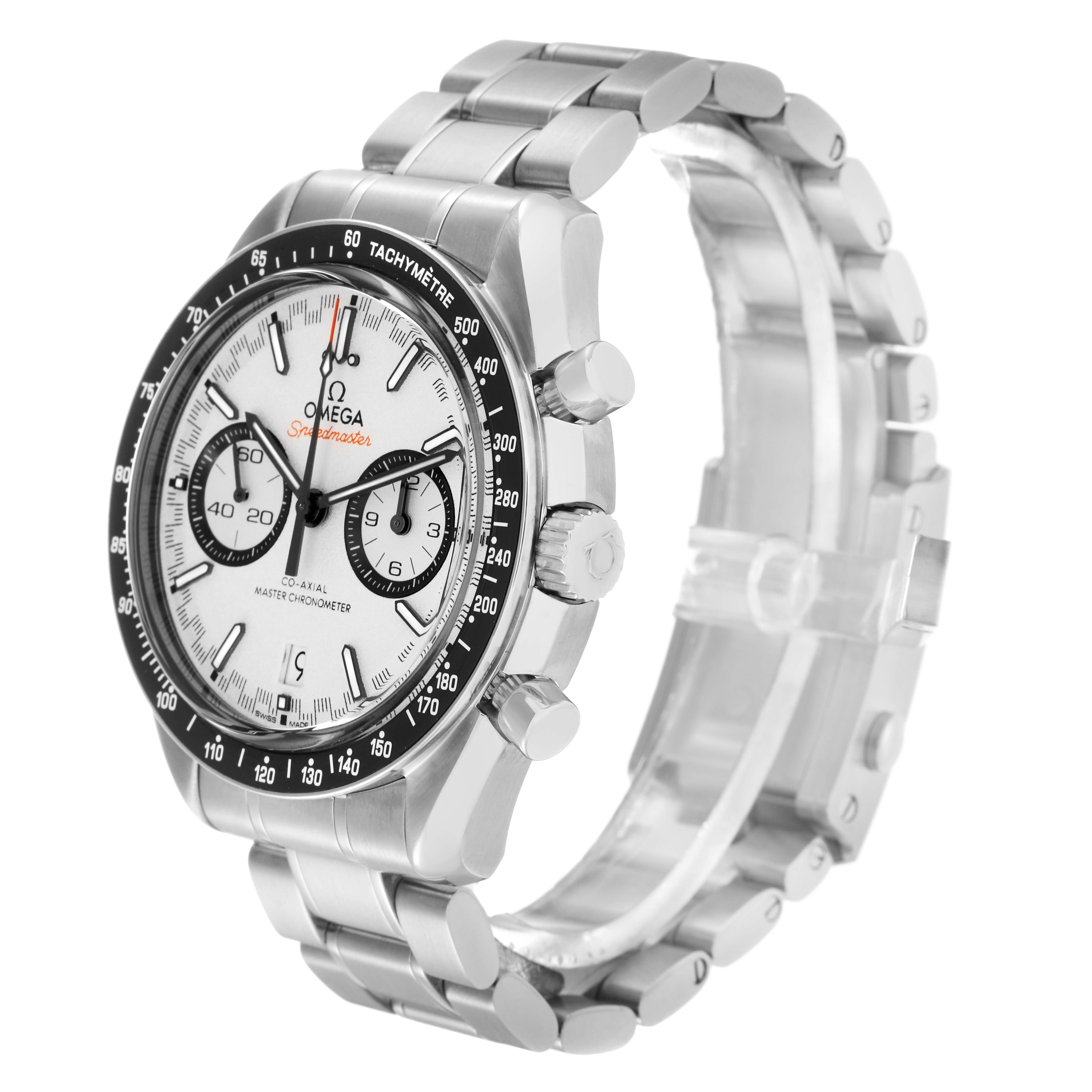 The Omega Speedmaster 329.30.44.51.04.001 Men
s Stainless Steel Silver Dial 329.30.44.51.04.001 Men
s Stainless Steel Silver Dial watch is shown from an angled side view, highlighting the case, bezel, dial, and metal bracelet.