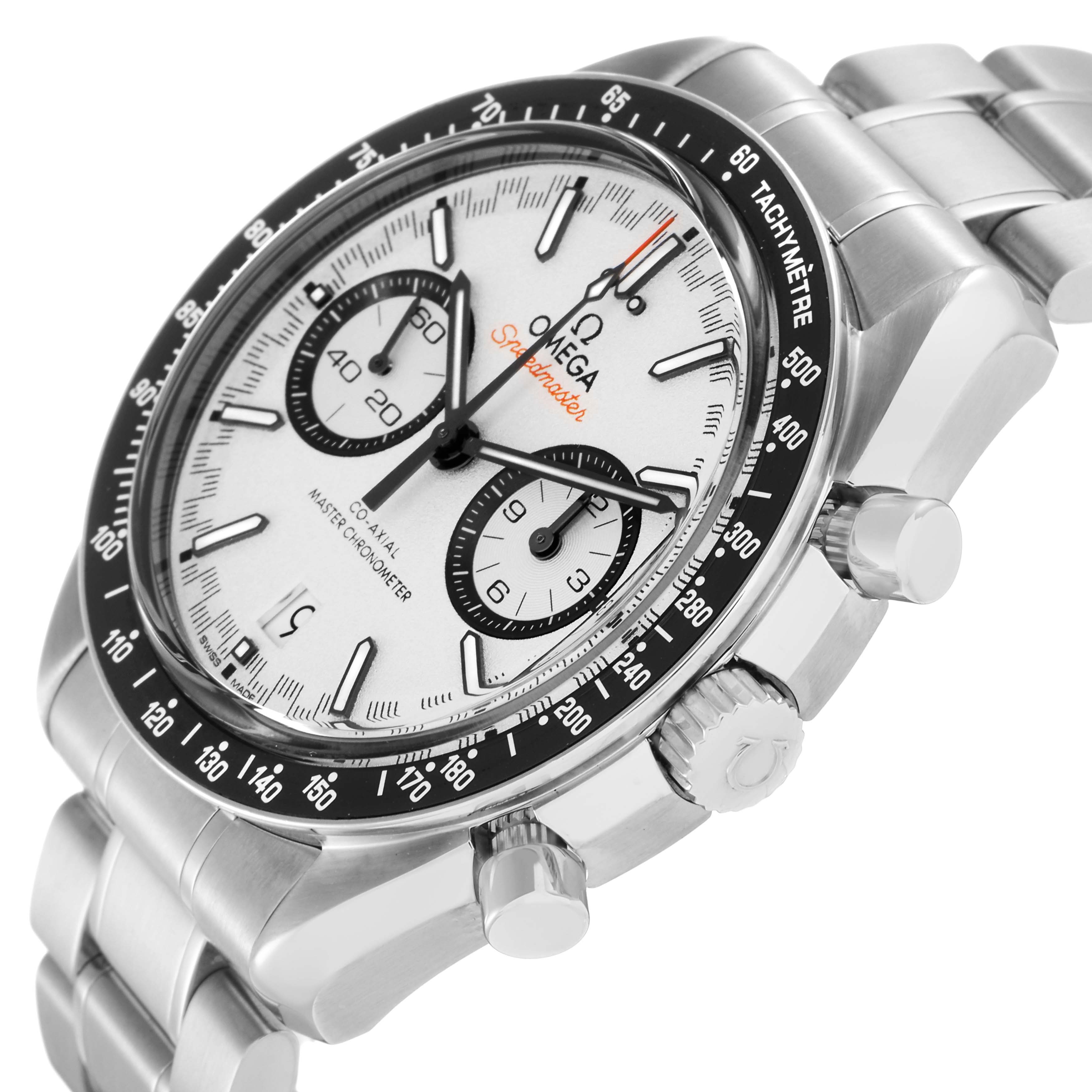 The Omega Speedmaster 329.30.44.51.04.001 Men
s Stainless Steel Silver Dial 329.30.44.51.04.001 Men
s Stainless Steel Silver Dial watch is shown at an angled side view, highlighting the dial, bezel, crown, pushers, and bracelet.