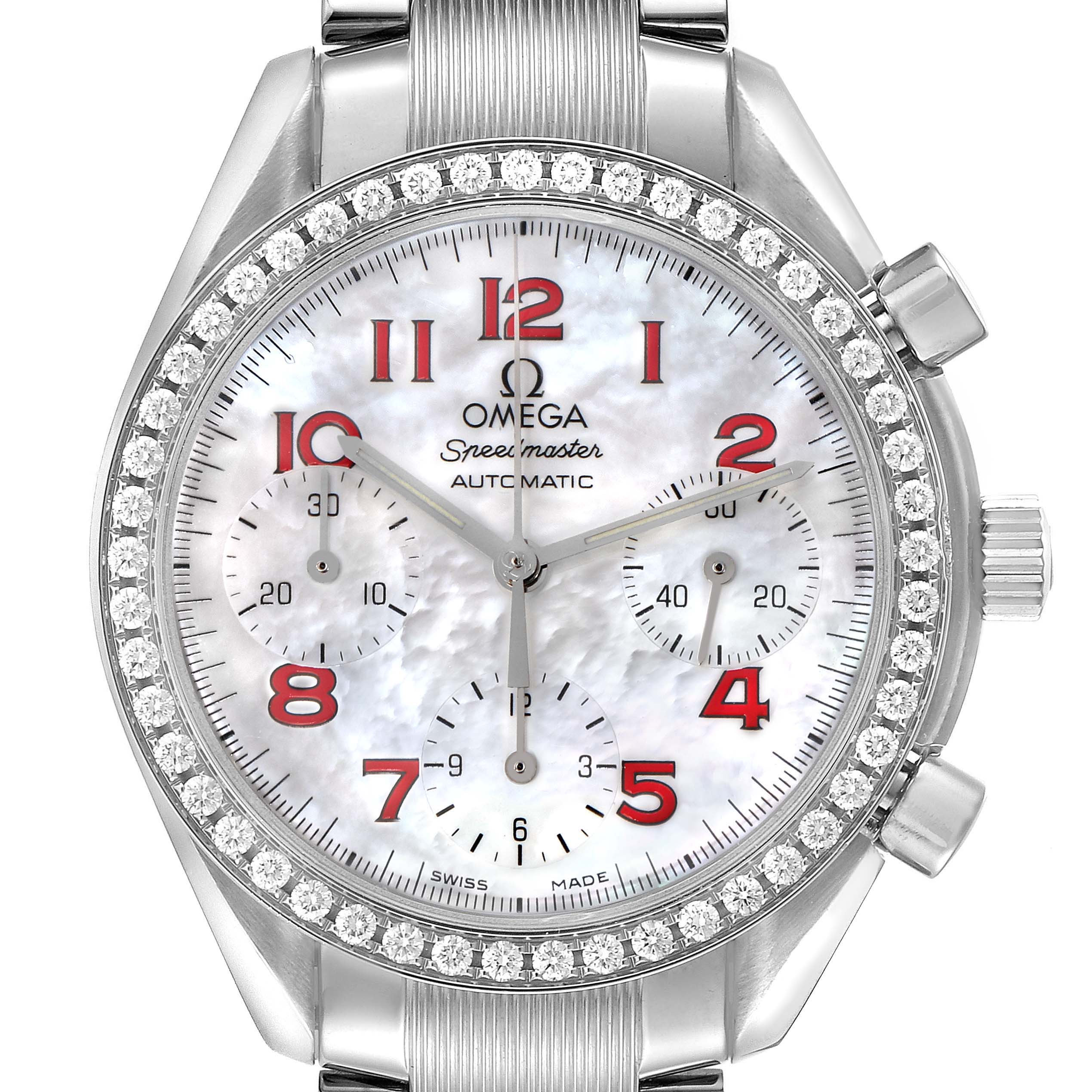 The image shows a front view of an Omega Speedmaster 3515.79.00 Men
s Stainless Steel Mother of Pearl Dial 3515.79.00 Men
s Stainless Steel Mother of Pearl Dial watch, highlighting the dial, bezel, and crown.