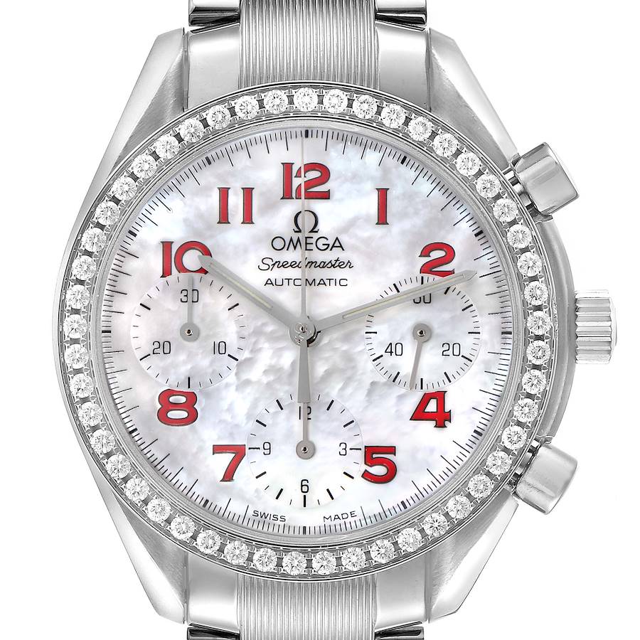 The image shows a front view of an Omega Speedmaster watch, highlighting the dial, bezel, and crown.