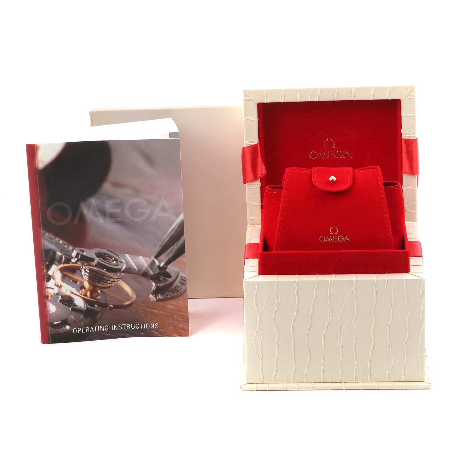 The image shows Omega Speedmaster 3515.79.00 Men
s Stainless Steel Mother of Pearl Dial 3515.79.00 Men
s Stainless Steel Mother of Pearl Dial packaging, a red watch case, and an instruction manual from a frontal angle.