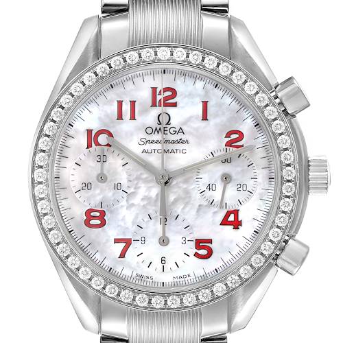 The Omega Speedmaster model is shown from a front angle, highlighting the bezel, dial, sub-dials, and crown.