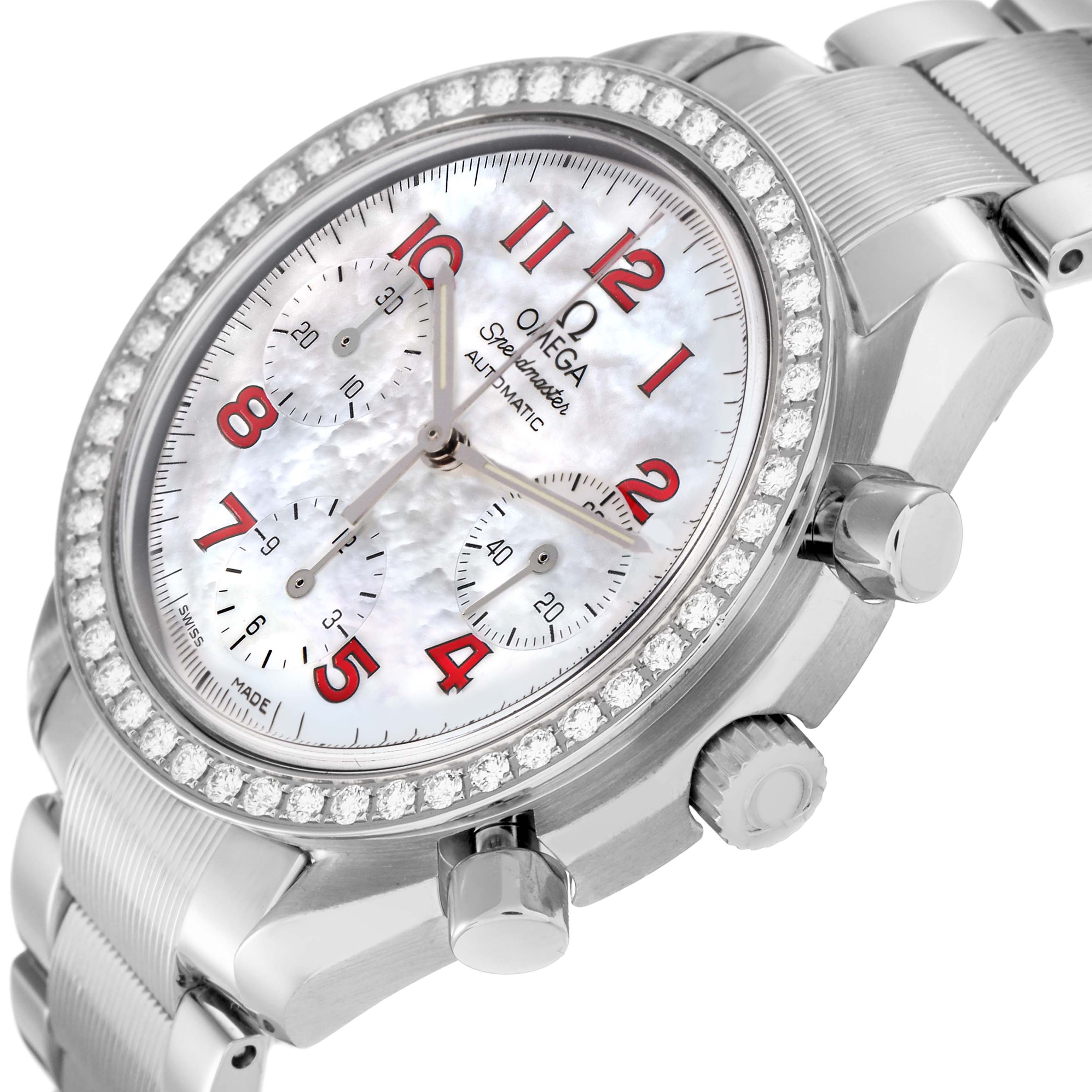The Omega Speedmaster 3515.79.00 Men
s Stainless Steel Mother of Pearl Dial 3515.79.00 Men
s Stainless Steel Mother of Pearl Dial is shown at an angle highlighting the diamond bezel, crown, pushers, and bracelet.