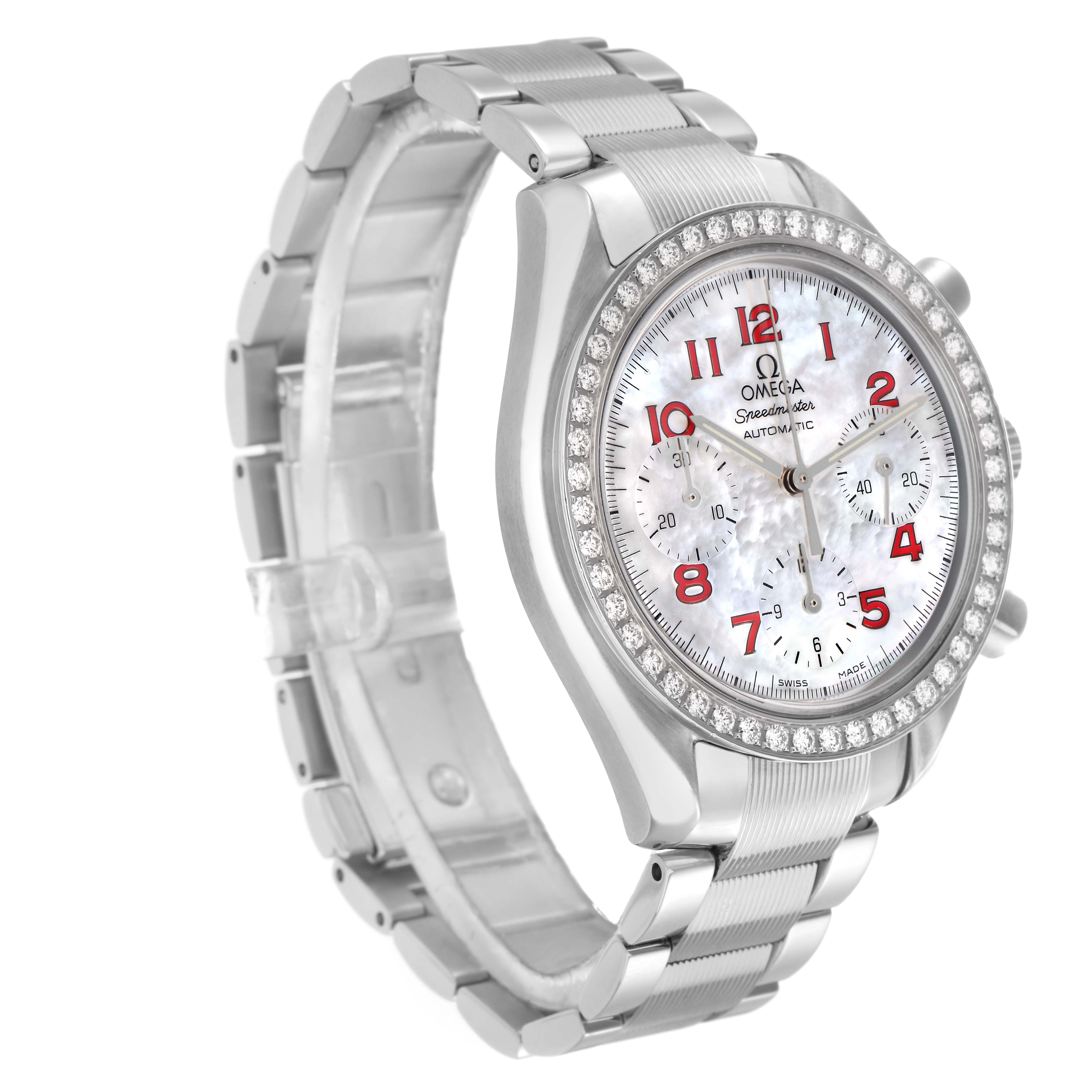 The Omega Speedmaster 3515.79.00 Men
s Stainless Steel Mother of Pearl Dial 3515.79.00 Men
s Stainless Steel Mother of Pearl Dial model is shown at a three-quarter angle, highlighting the face, bezel, and stainless steel bracelet.