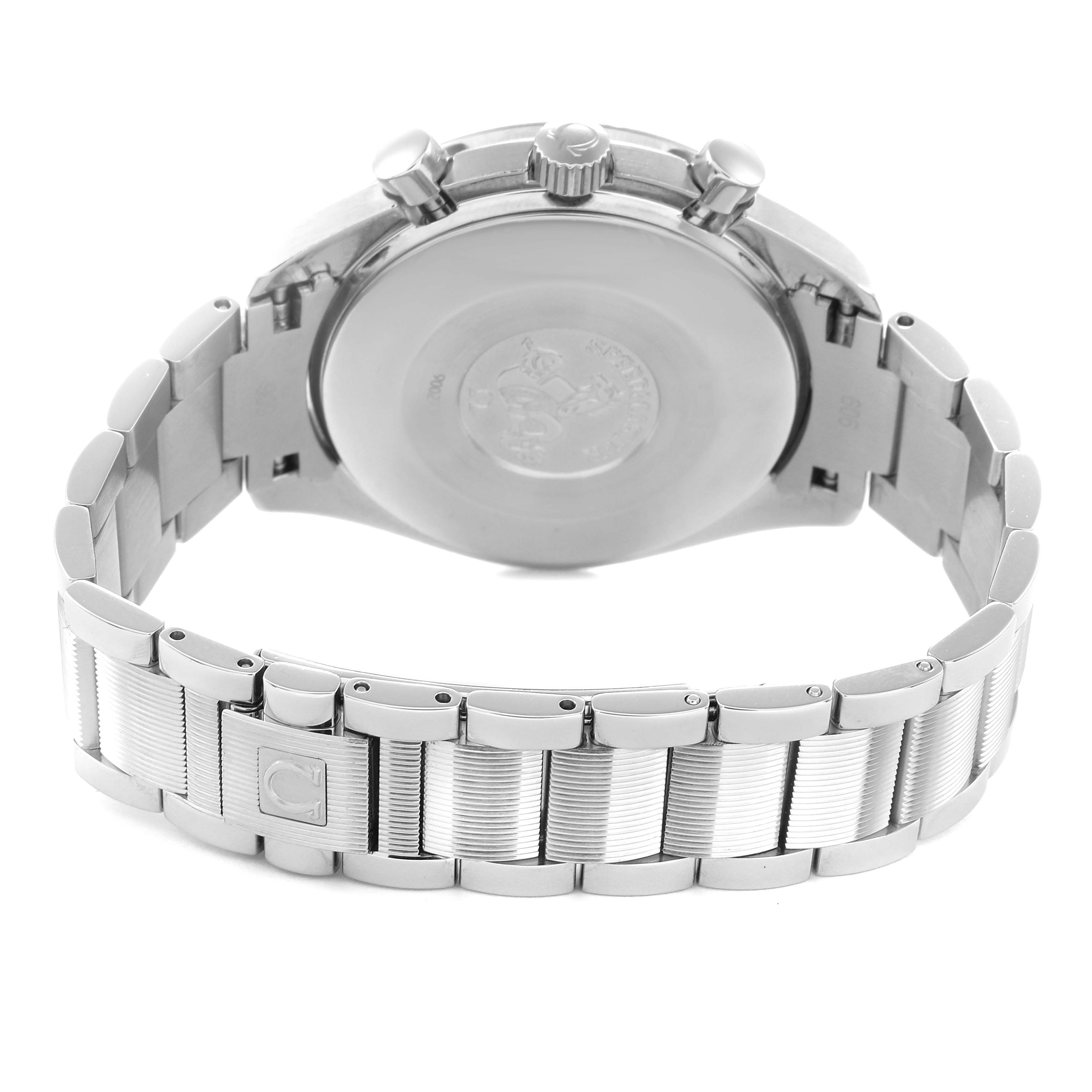 The image shows the back view of an Omega Speedmaster 3515.79.00 Men
s Stainless Steel Mother of Pearl Dial 3515.79.00 Men
s Stainless Steel Mother of Pearl Dial, displaying the case back, crown, pushers, and metal bracelet.