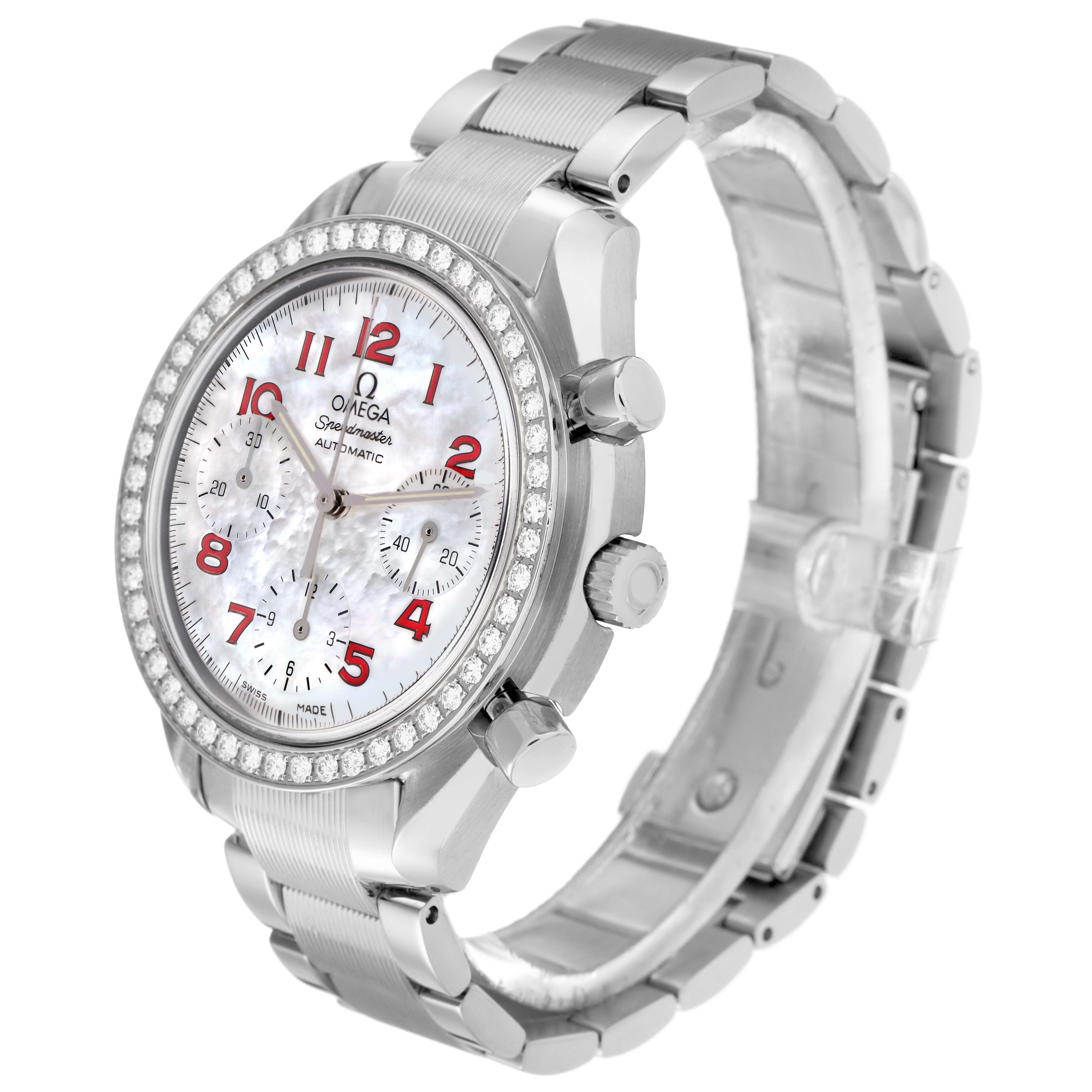 The Omega Speedmaster 3515.79.00 Men
s Stainless Steel Mother of Pearl Dial 3515.79.00 Men
s Stainless Steel Mother of Pearl Dial watch is shown at a three-quarter angle, revealing the face, bezel, and part of the bracelet.