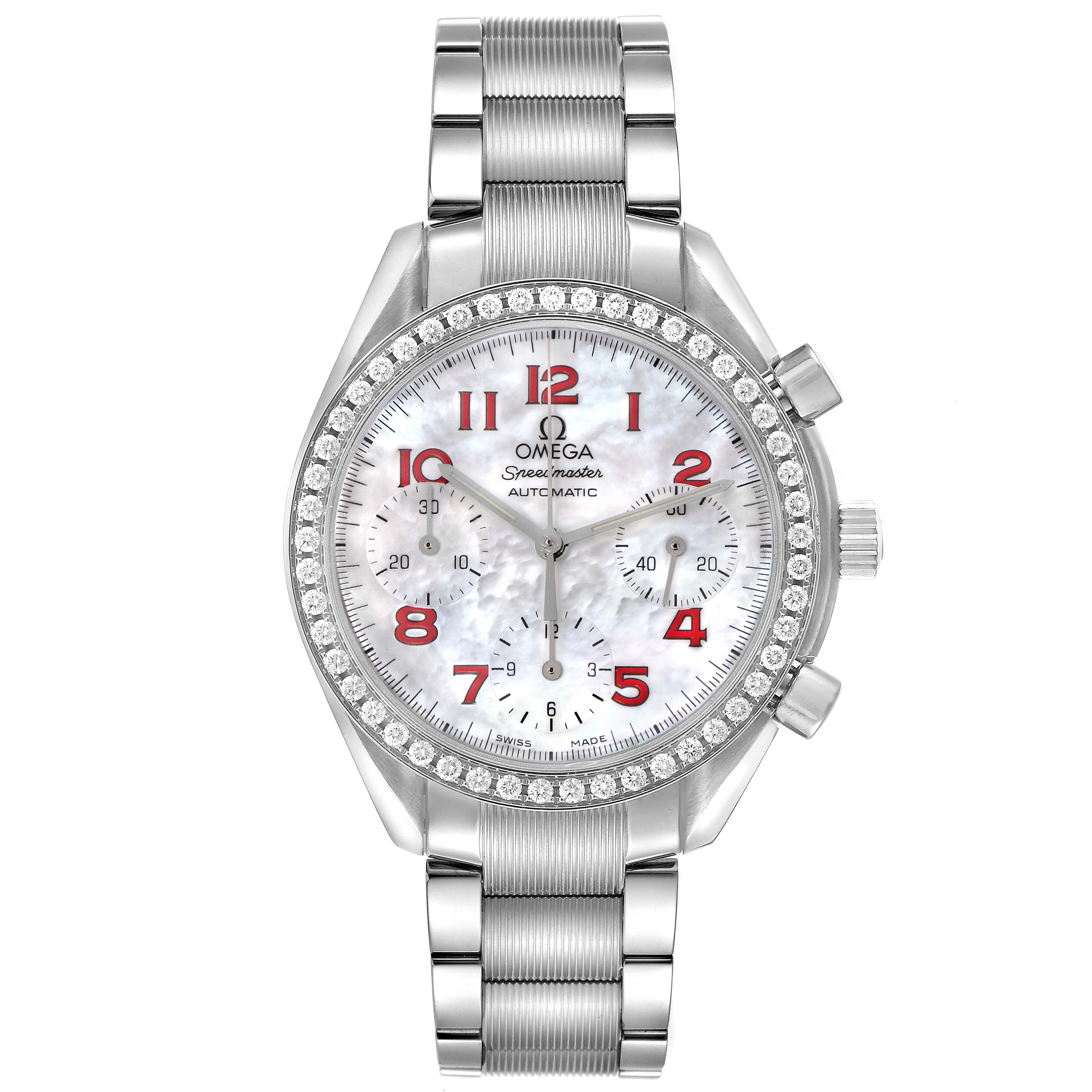The Omega Speedmaster 3515.79.00 Men
s Stainless Steel Mother of Pearl Dial 3515.79.00 Men
s Stainless Steel Mother of Pearl Dial watch is shown from the front, displaying the dial, bezel, and bracelet.