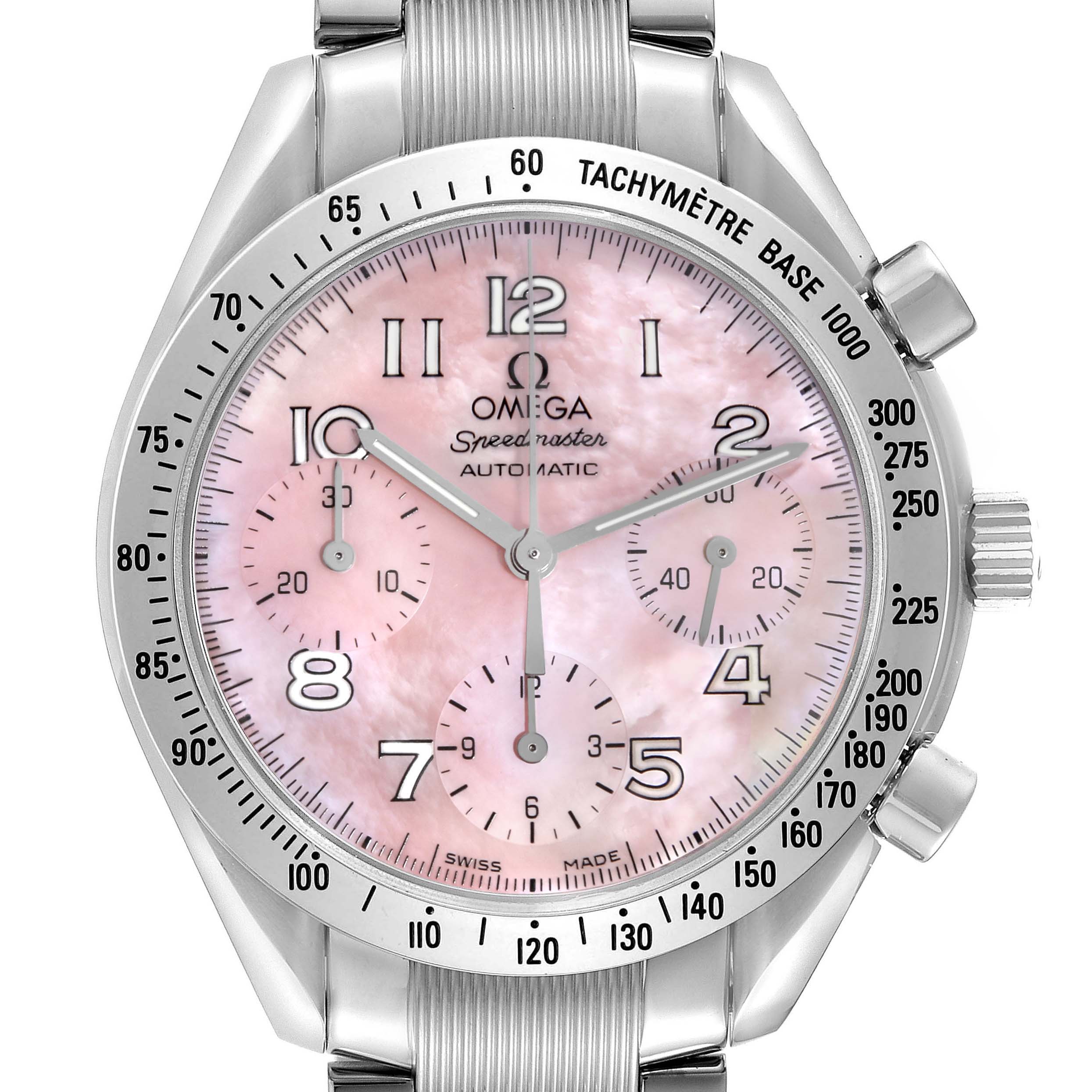 The Omega Speedmaster 3502.78.00 Men
s Stainless Steel Mother of Pearl Dial 3502.78.00 Men
s Stainless Steel Mother of Pearl Dial watch is shown from the front, featuring the face, bezel, and part of the bracelet.