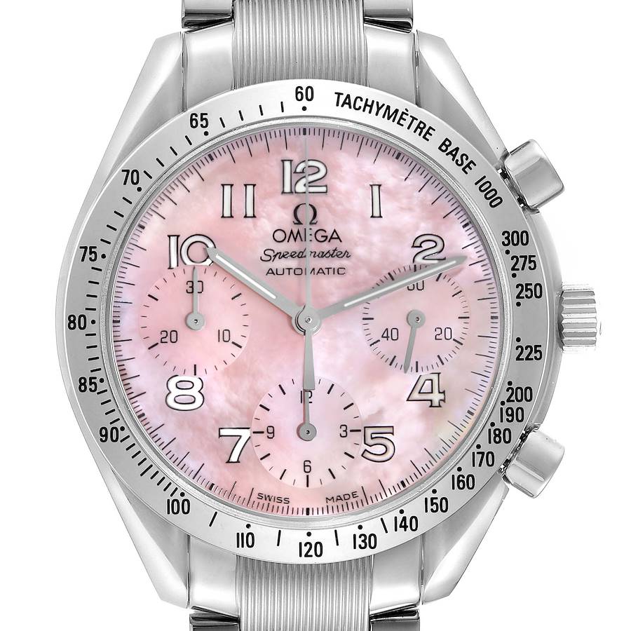 The Omega Speedmaster watch is shown from the front, featuring the face, bezel, and part of the bracelet.