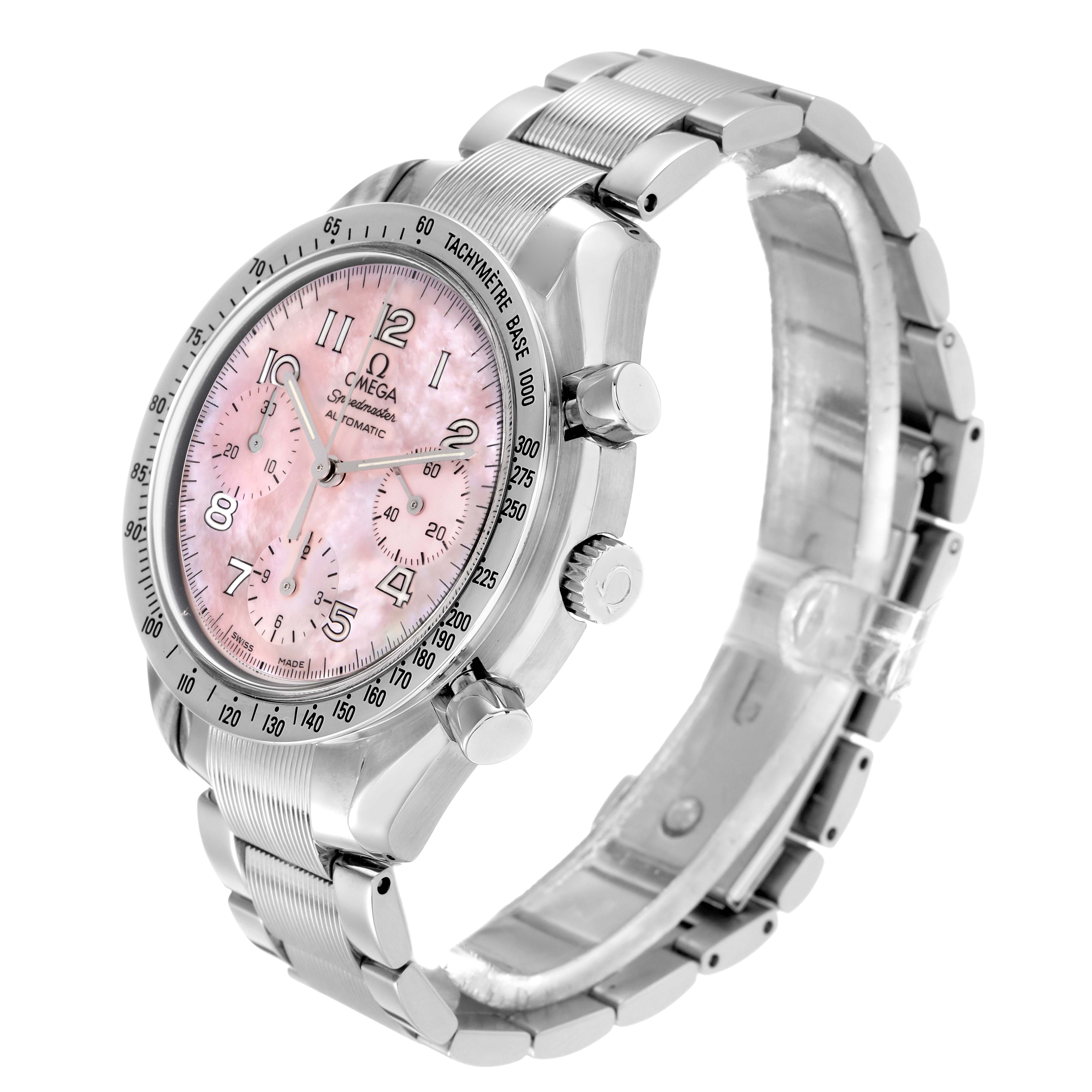 The Omega Speedmaster 3502.78.00 Men
s Stainless Steel Mother of Pearl Dial 3502.78.00 Men
s Stainless Steel Mother of Pearl Dial watch is shown at a three-quarter angle displaying its pink dial, bezel, crown, pushers, and metal bracelet.