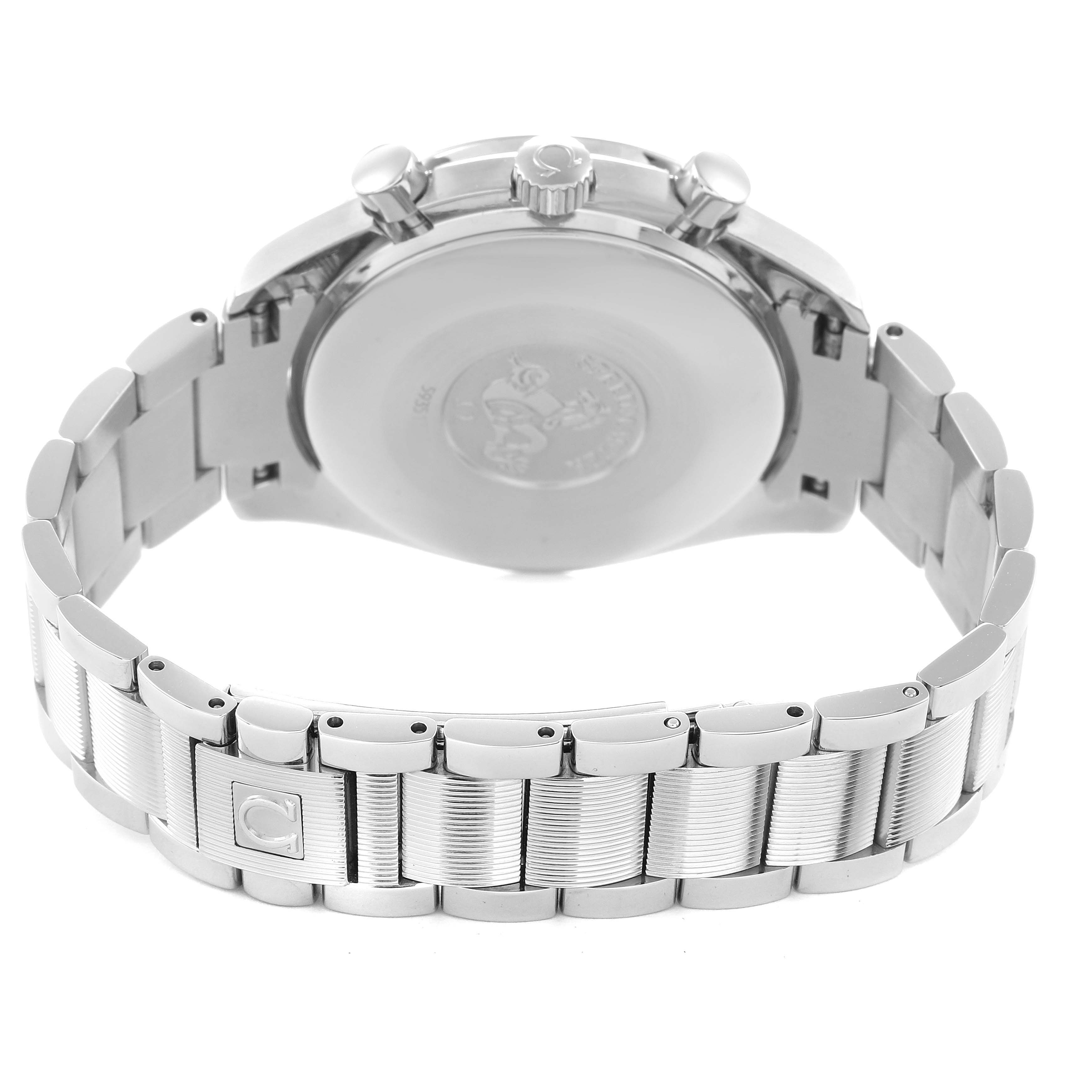 The image shows the back and bracelet of an Omega Speedmaster 3502.78.00 Men
s Stainless Steel Mother of Pearl Dial 3502.78.00 Men
s Stainless Steel Mother of Pearl Dial watch from a rear angle.
