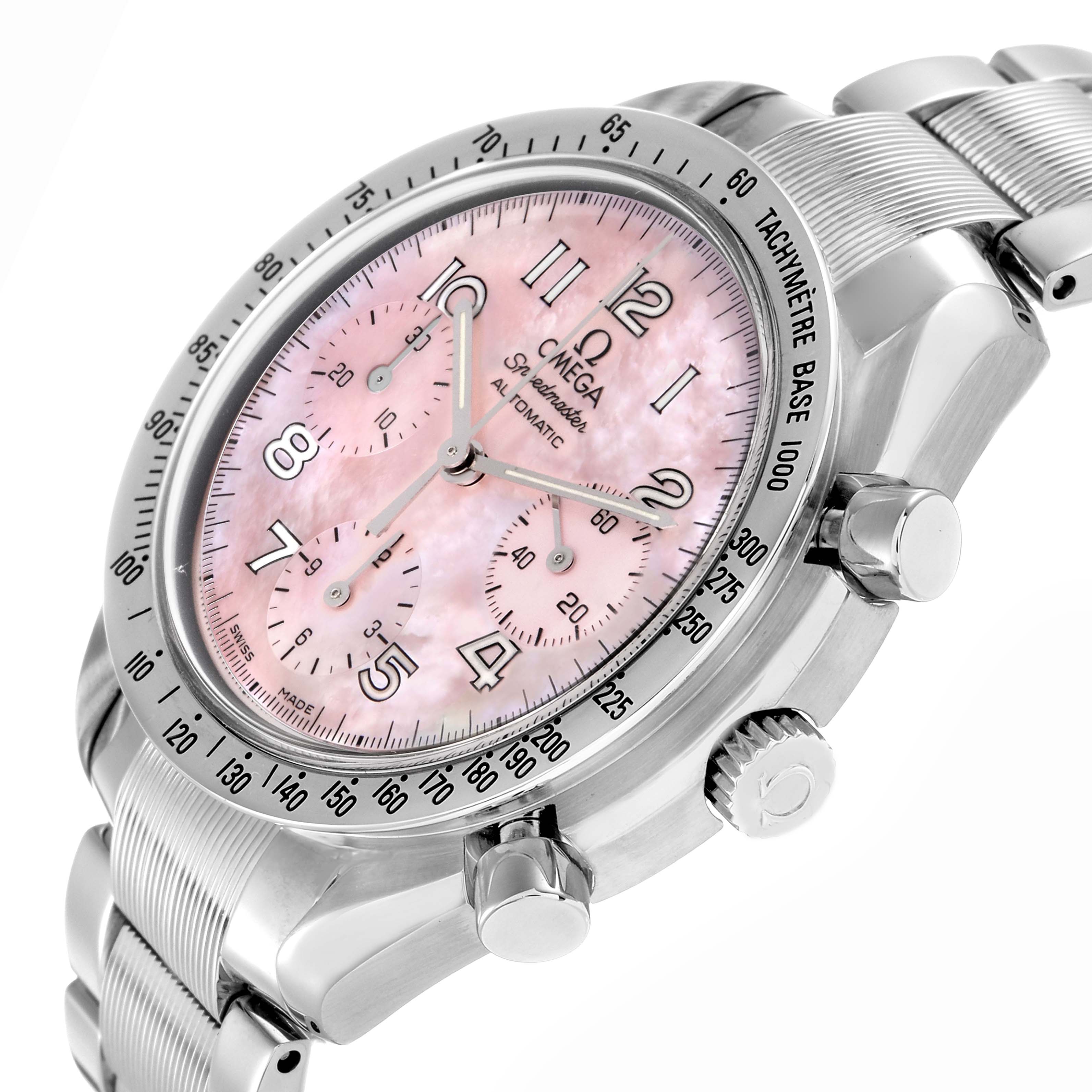 The Omega Speedmaster 3502.78.00 Men
s Stainless Steel Mother of Pearl Dial 3502.78.00 Men
s Stainless Steel Mother of Pearl Dial watch is shown at an angle highlighting the case, dial, chronograph subdials, crown, and pushers.