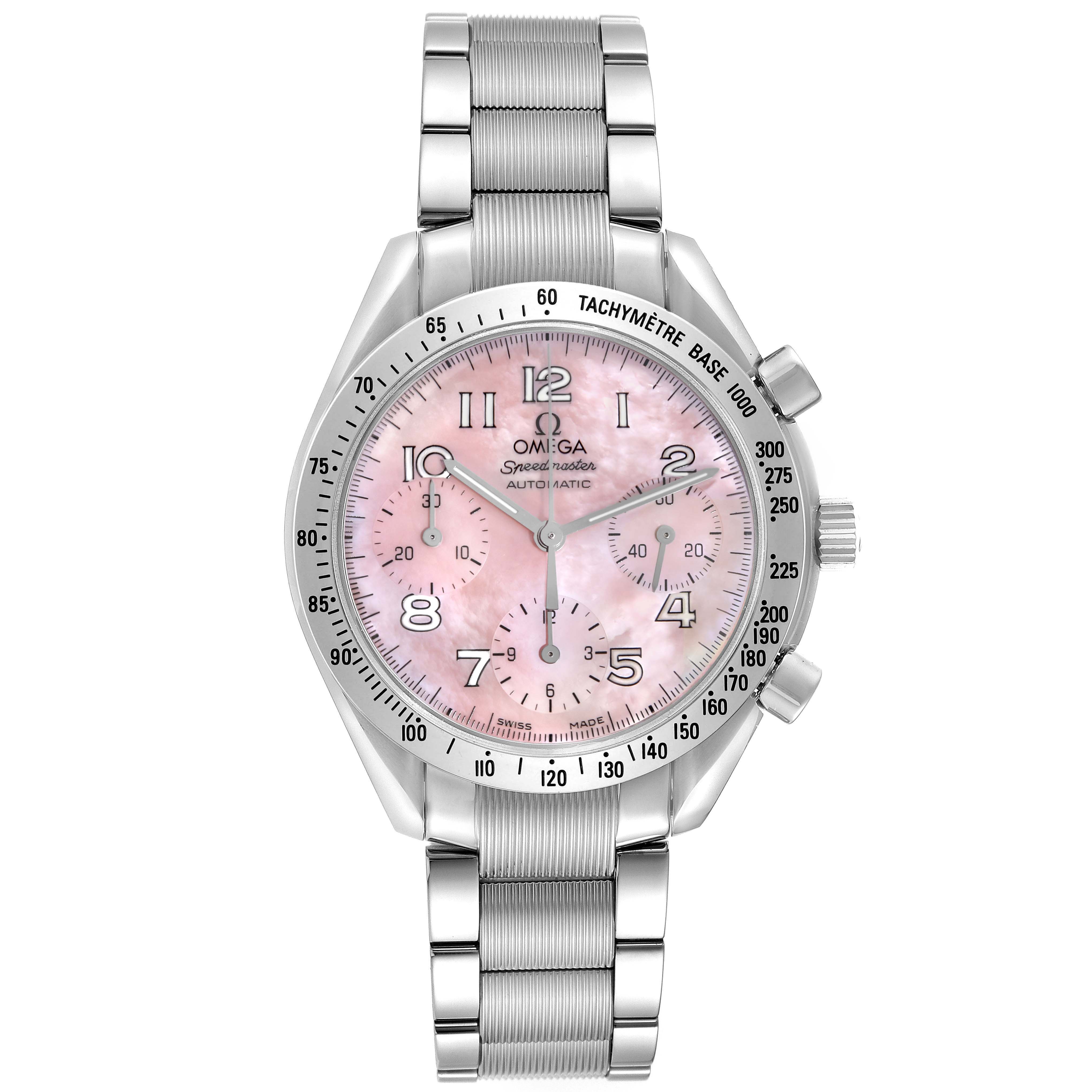 The Omega Speedmaster 3502.78.00 Men
s Stainless Steel Mother of Pearl Dial 3502.78.00 Men
s Stainless Steel Mother of Pearl Dial watch is shown from the front, featuring a pink dial, tachymetric bezel, and stainless steel bracelet.
