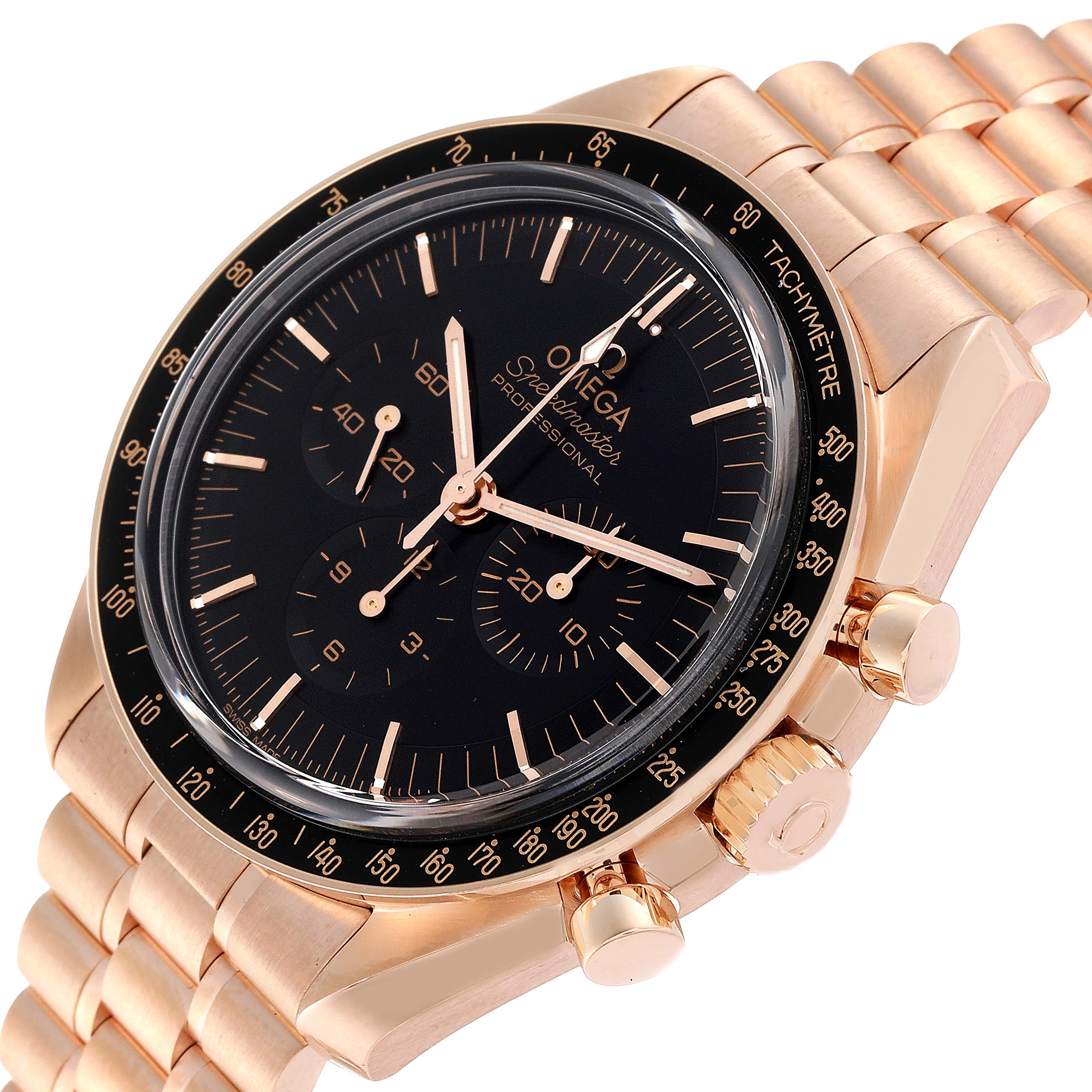 This Omega Speedmaster 310.60.42.50.01.001 Men's Rose Gold Black Dial 310.60.42.50.01.001 Men's Rose Gold Black Dial watch is shown at a tilted angle, highlighting the dial, bezel, and partially the bracelet.