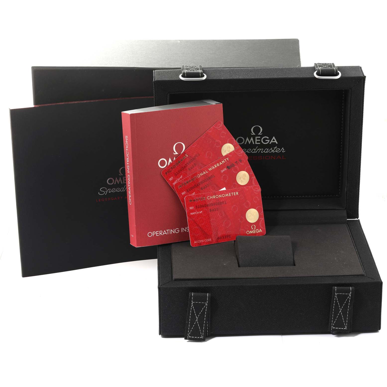 The image shows the open packaging of an Omega Speedmaster 310.60.42.50.01.001 Men's Rose Gold Black Dial 310.60.42.50.01.001 Men's Rose Gold Black Dial watch, including user manuals and warranty cards.