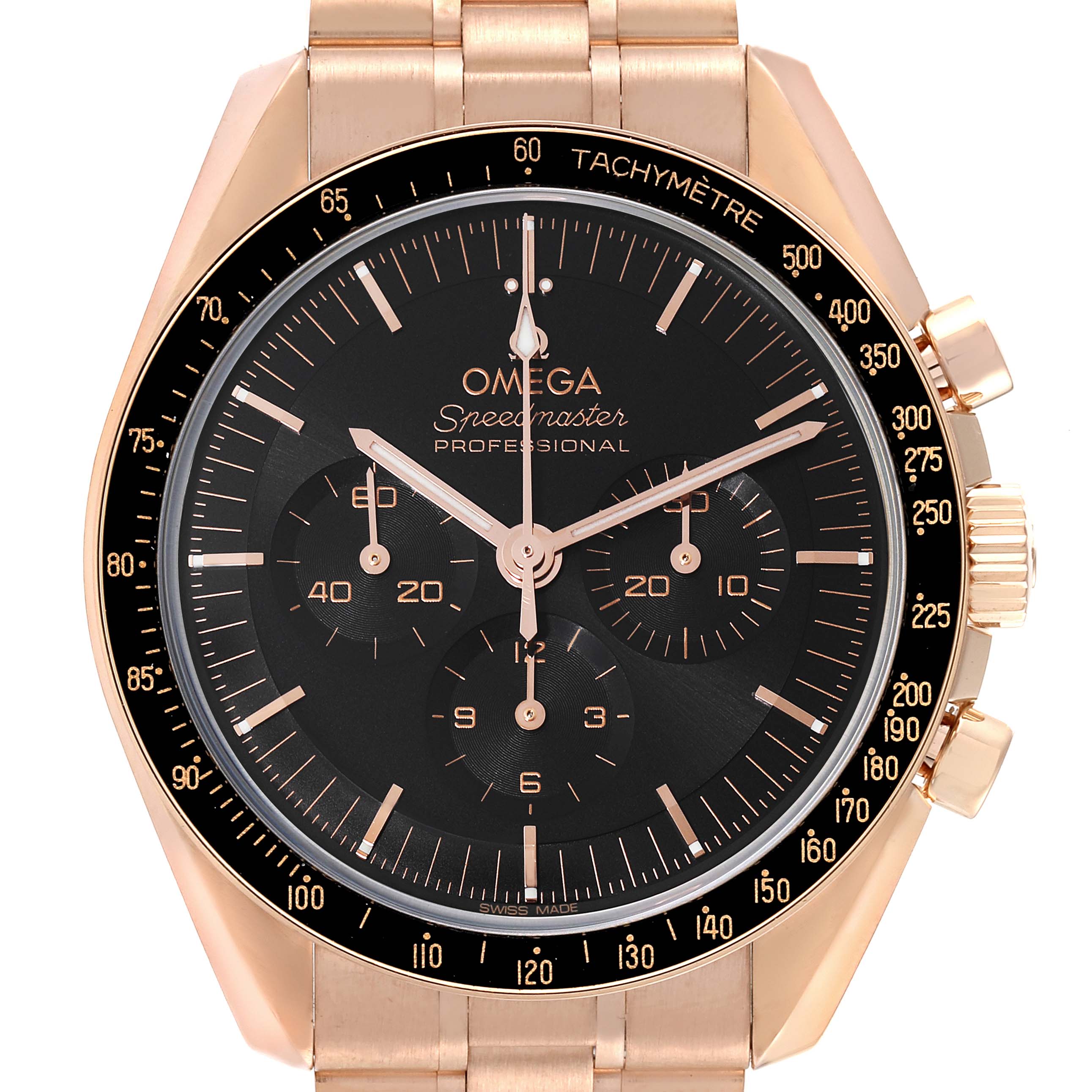 The image shows the front view of an Omega Speedmaster 310.60.42.50.01.001 Men's Rose Gold Black Dial 310.60.42.50.01.001 Men's Rose Gold Black Dial Professional watch, highlighting its face, bezel, and pushers.