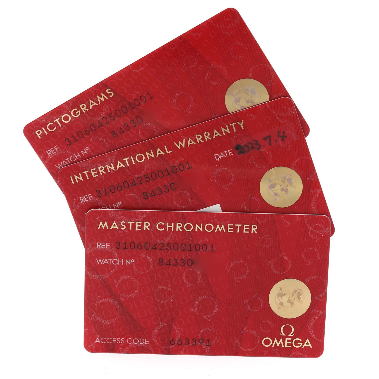 The image shows the international warranty, pictogram, and master chronometer cards for an Omega Speedmaster 310.60.42.50.01.001 Men's Rose Gold Black Dial 310.60.42.50.01.001 Men's Rose Gold Black Dial watch.