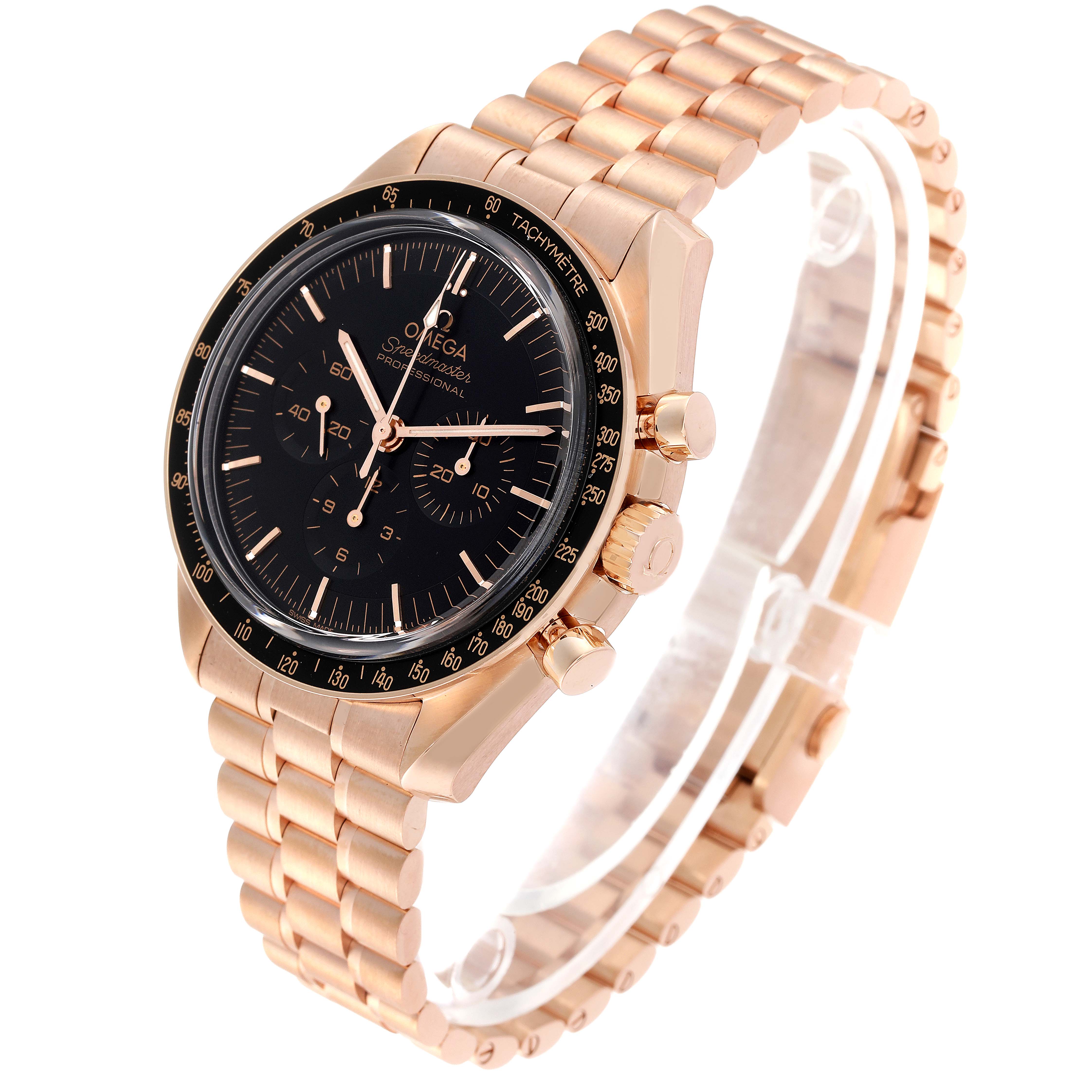 This image shows an Omega Speedmaster 310.60.42.50.01.001 Men's Rose Gold Black Dial 310.60.42.50.01.001 Men's Rose Gold Black Dial watch at a three-quarter angle, highlighting its bracelet, dial, and bezel.