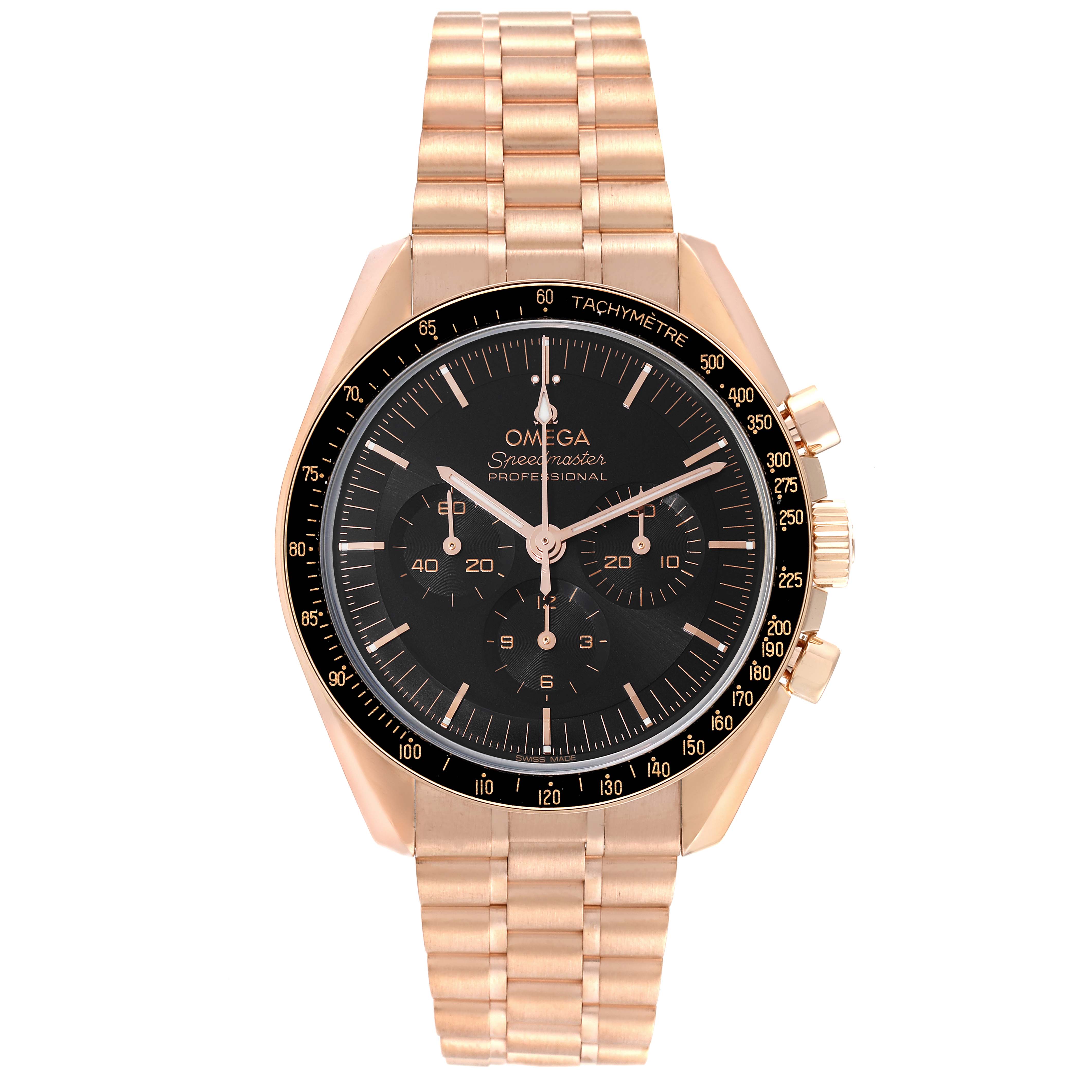 This image shows a front view of the Omega Speedmaster 310.60.42.50.01.001 Men's Rose Gold Black Dial 310.60.42.50.01.001 Men's Rose Gold Black Dial watch, highlighting its dial, bezel, and metal bracelet.