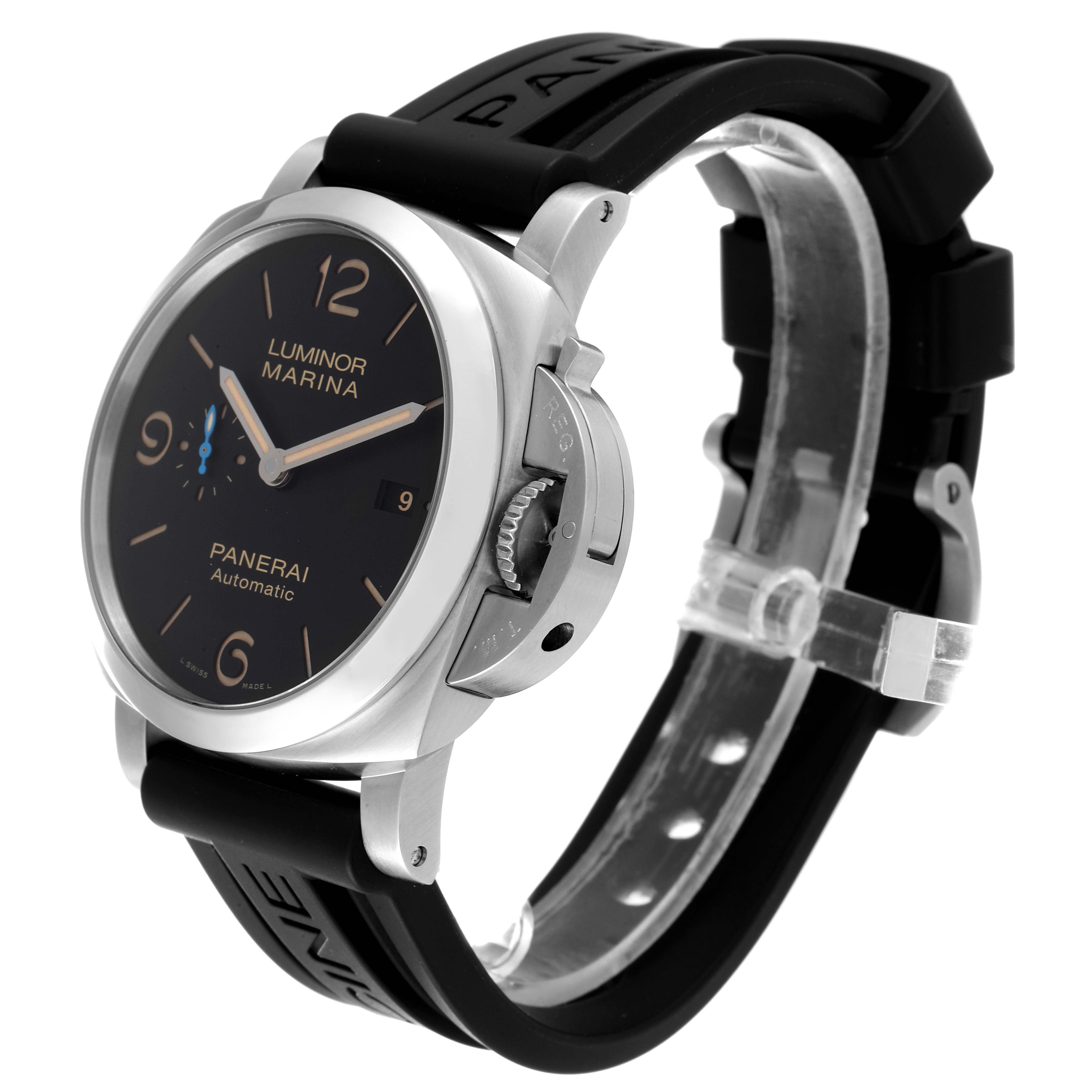 A Panerai Luminor PAM01392 Men's Stainless Steel Black Dial PAM01392 Men's Stainless Steel Black Dial watch is shown at a 3/4 angle, displaying the face, crown guard, and part of the black strap.