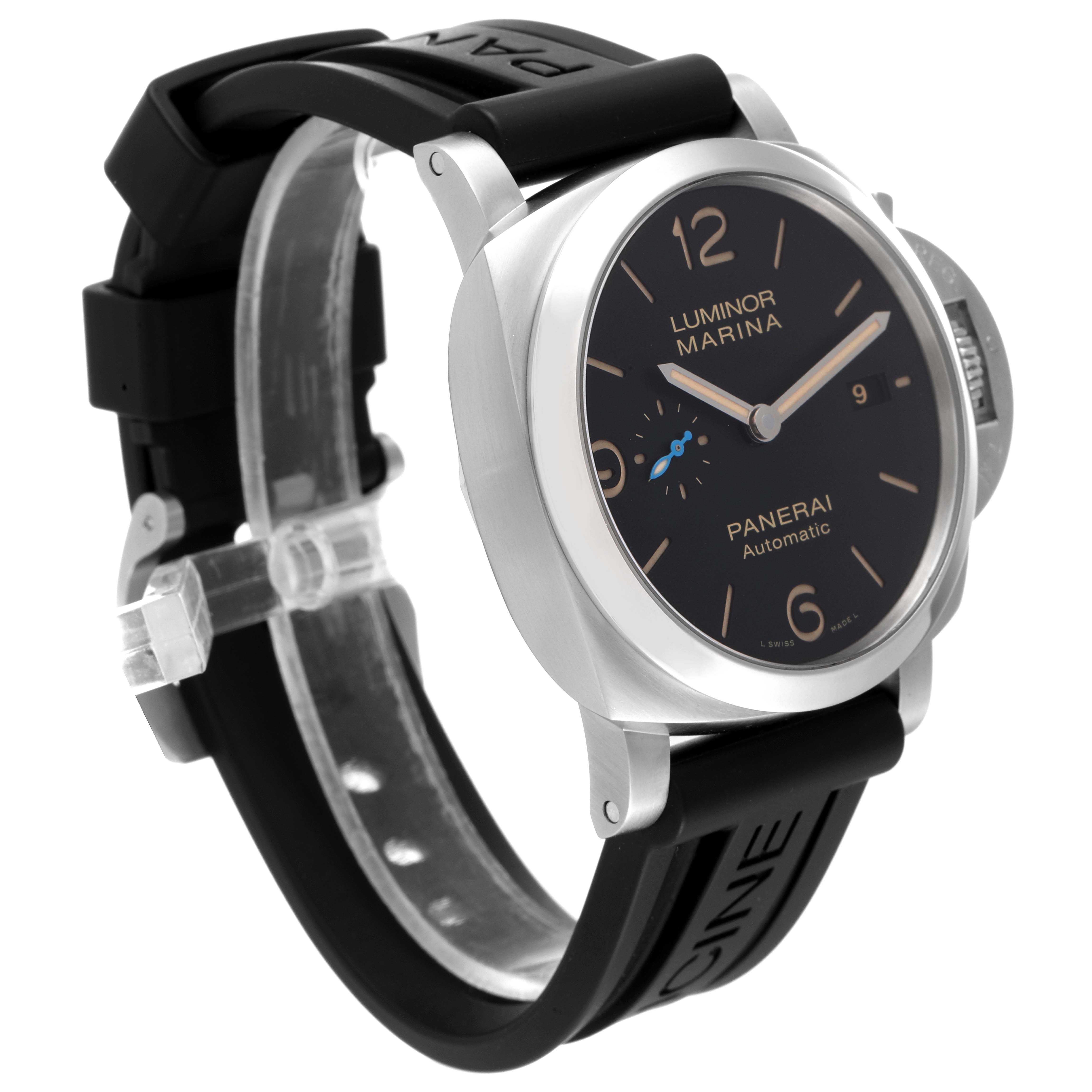 The image shows a Panerai Luminor PAM01392 Men's Stainless Steel Black Dial PAM01392 Men's Stainless Steel Black Dial watch at a three-quarter angle highlighting the face, strap, and crown.