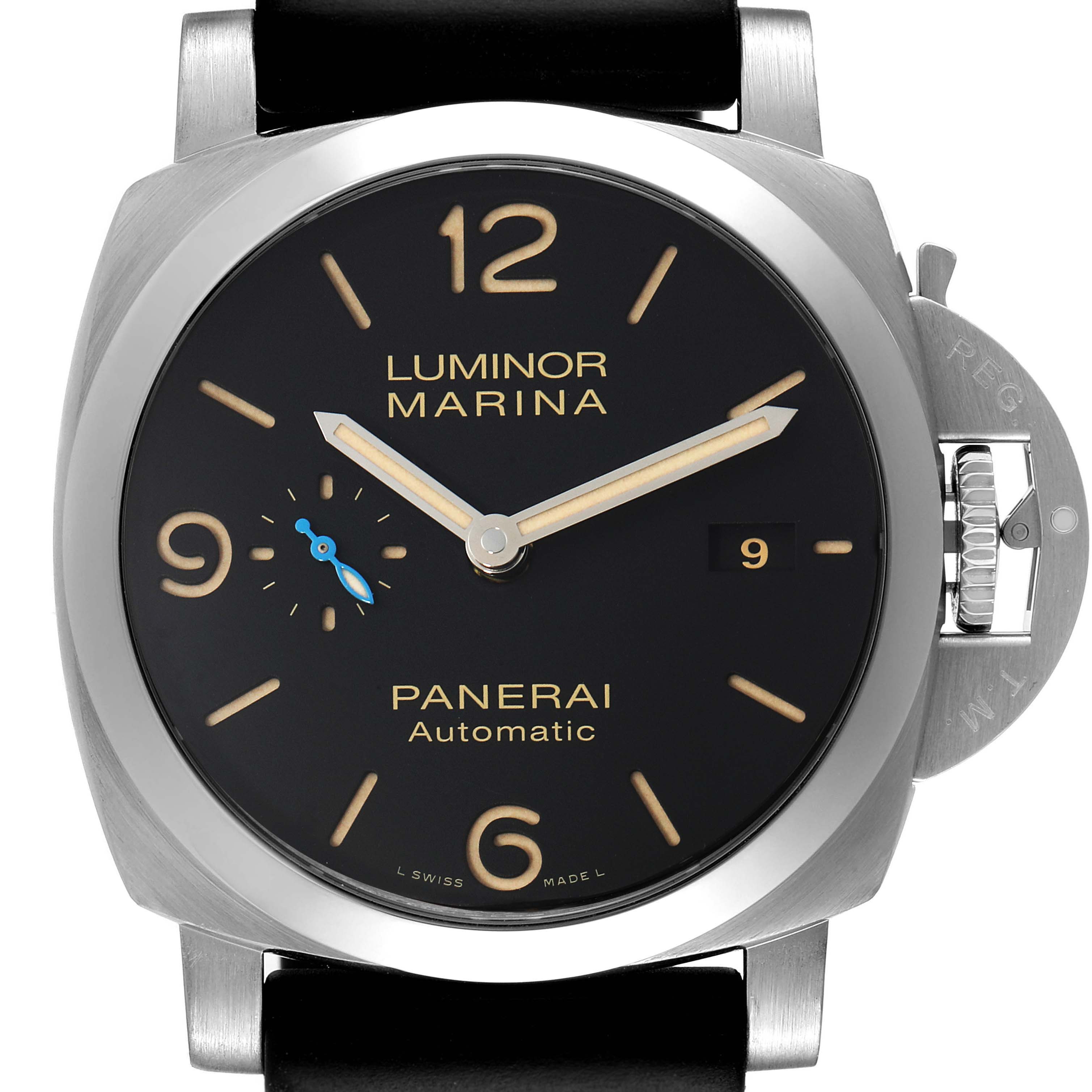 The image shows a front view of the Panerai Luminor PAM01392 Men's Stainless Steel Black Dial PAM01392 Men's Stainless Steel Black Dial Marina watch, highlighting the dial, hands, date window, and crown guard.