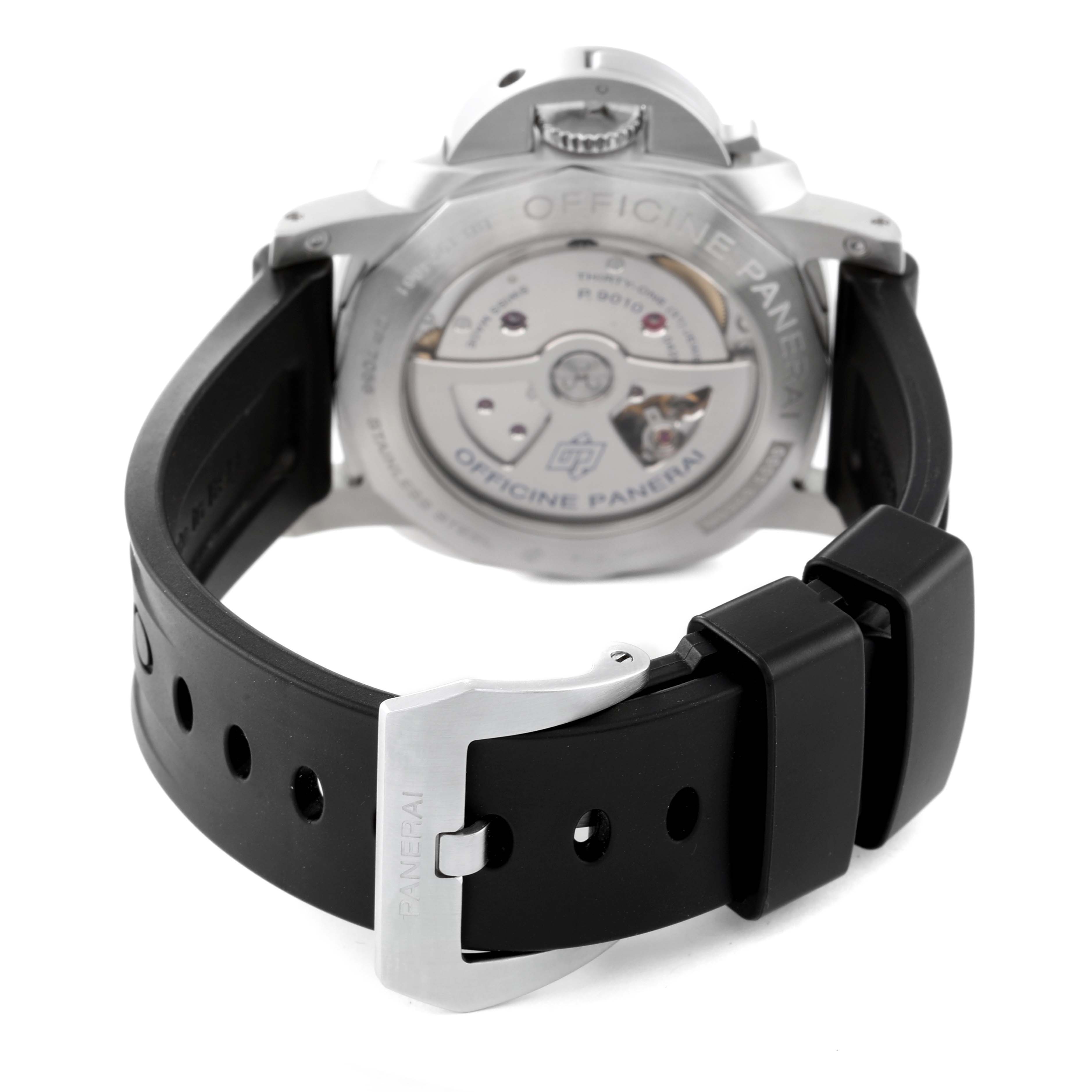 This picture shows the back view of the Panerai Luminor PAM01392 Men's Stainless Steel Black Dial PAM01392 Men's Stainless Steel Black Dial watch, including the case back and rubber strap with buckle.